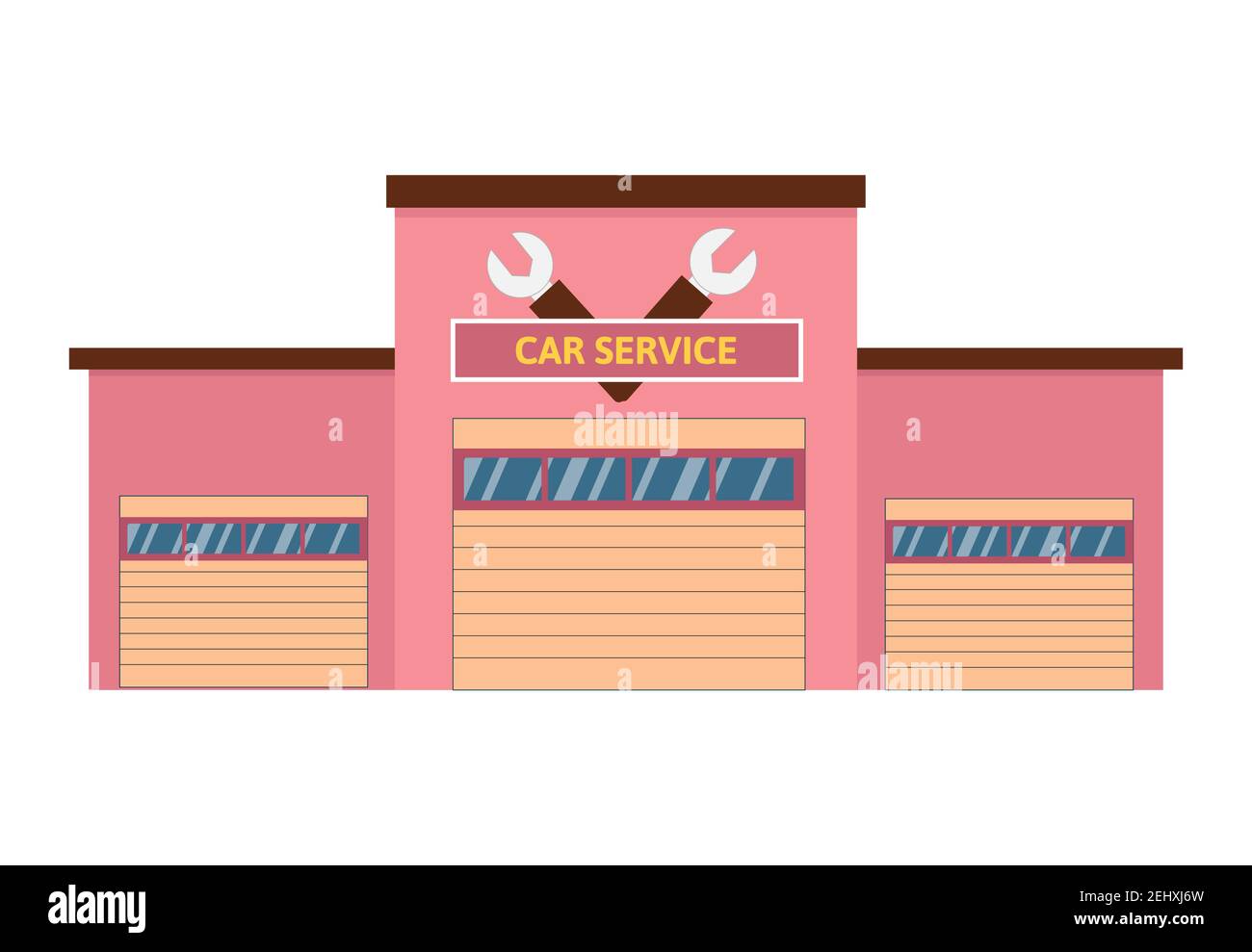 Simple pink women Car service and repair building or garage with big window and the door. Vector illustration isolated on white. Opened automatic door Stock Vector