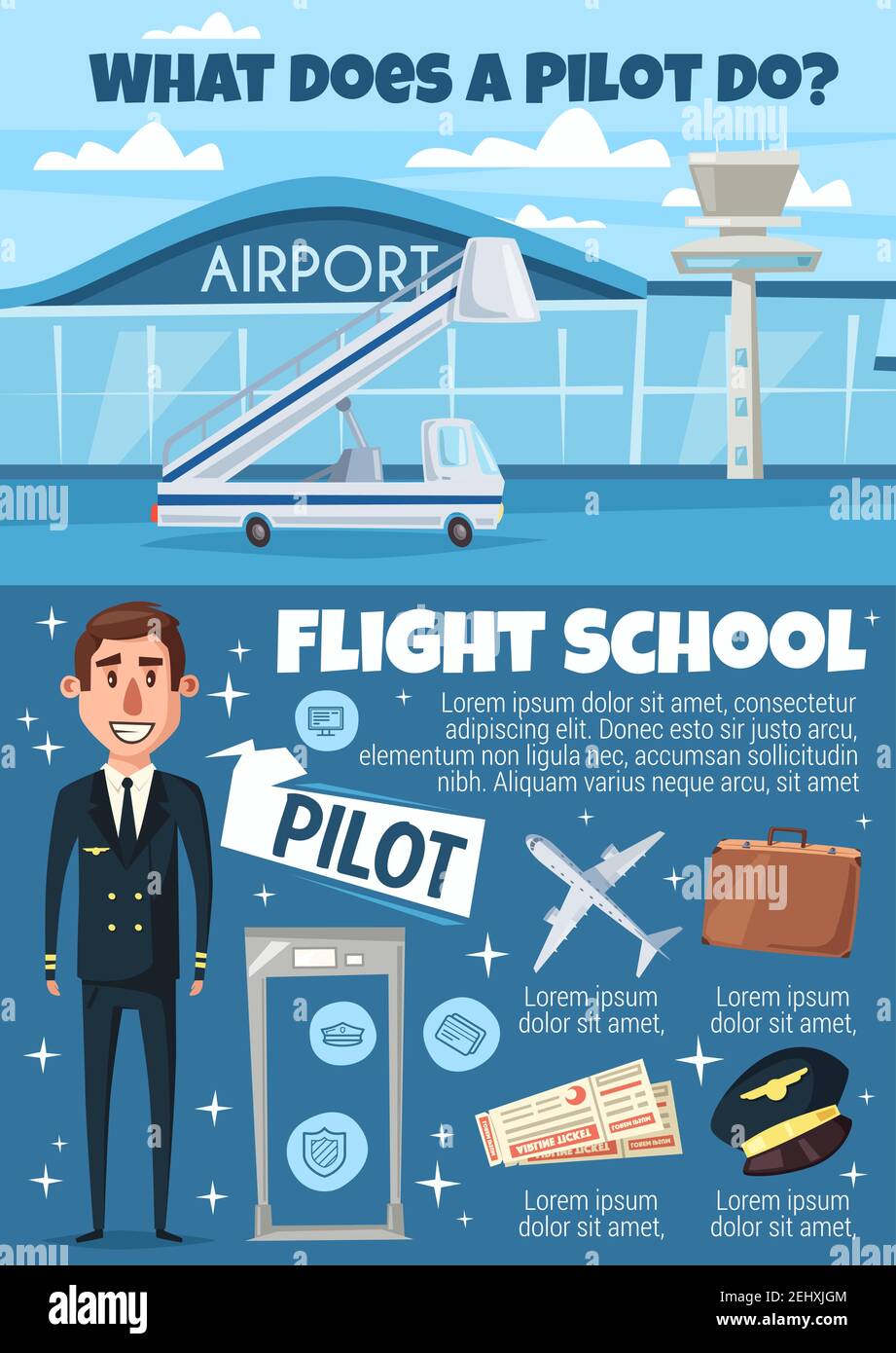 Pilot profession and flight school. Aviator in uniform and airport building, ladder and airplane, suitcase and cap, tickets and metal detector frame. Stock Vector