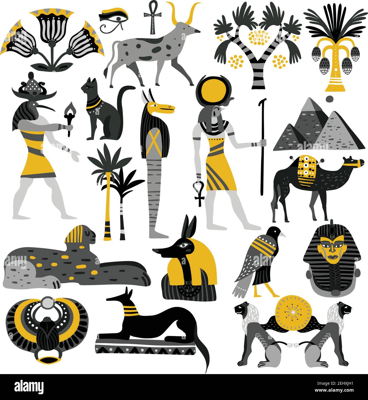 Egypt set of decorative icons with ancient gods, sphinx, scarab, pyramids, palm trees, ankh isolated vector illustration Stock Vector