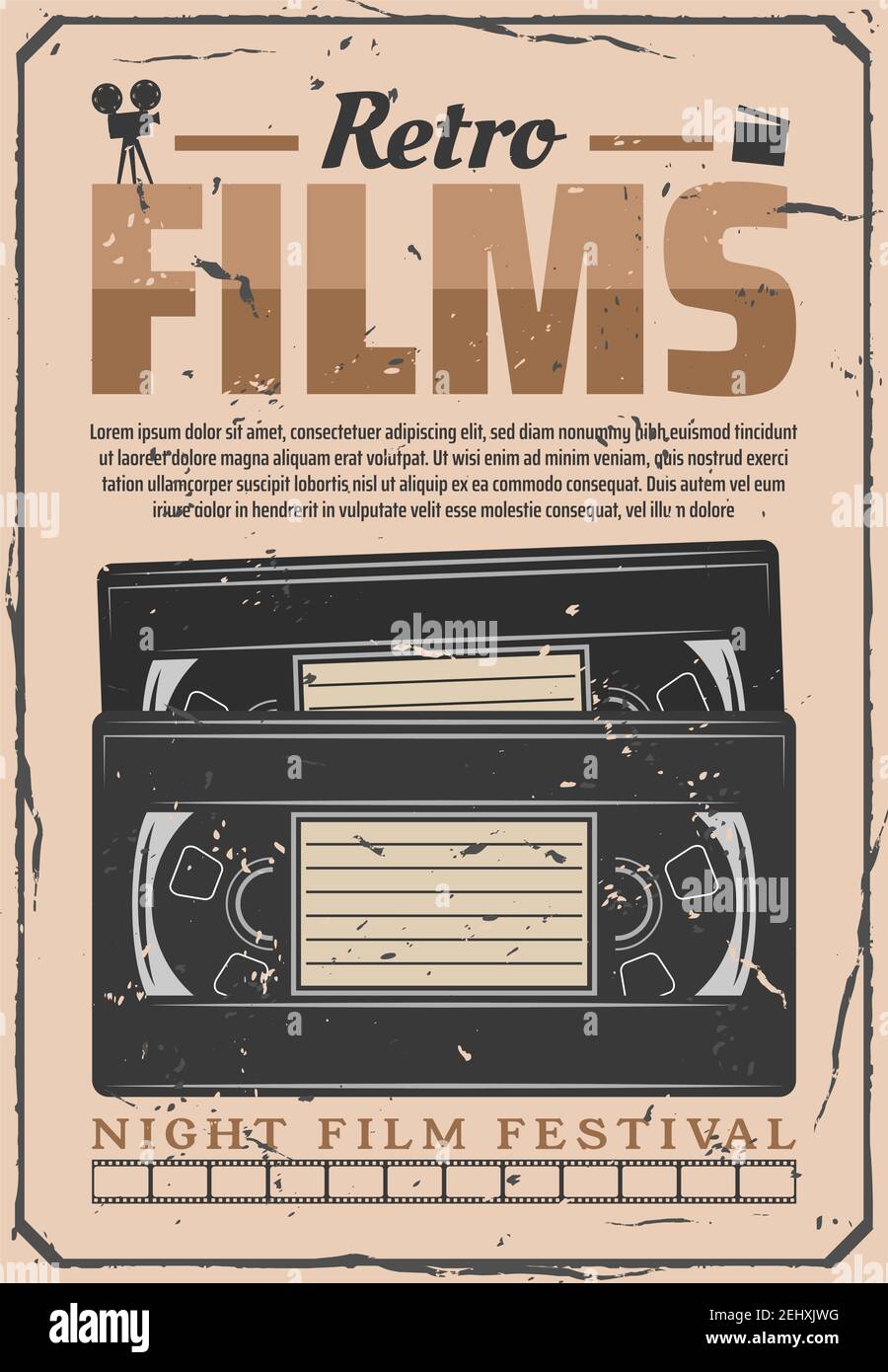 VHS video cassette poster, old movie video digitization. Night cinema festival or retro cinematography movie premiere, filmmaking camera and producer Stock Vector