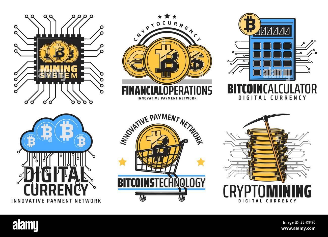 Bitcoin cryptocurrency mining and blockchain technology icons. Vector crypto  currency digital wallet, bit coin e-business and online web commerce or f  Stock Vector Image & Art - Alamy
