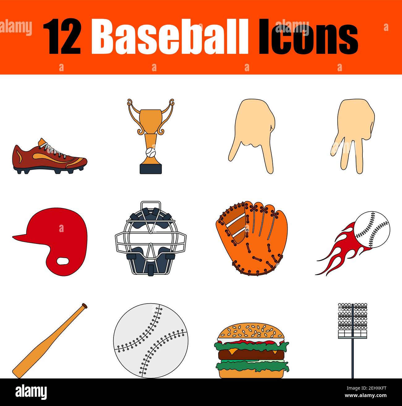 Baseball Icon Set. Flat Color Outline Design With Editable Stroke. Vector Illustration. Stock Vector