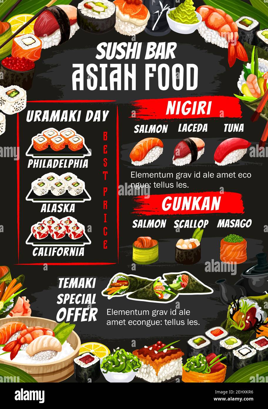 Sushi bar menu of sushi rolls, sashimi and maki. Vector Japanese Alaska