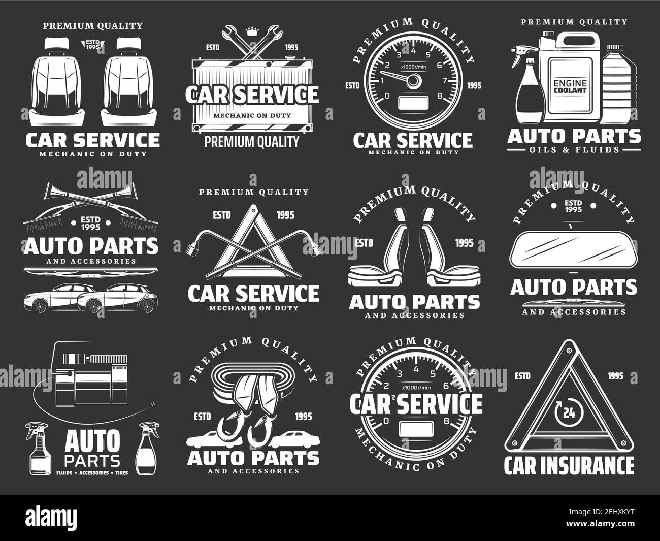 Auto parts and car accessories icons of car repair service and auto mechanic garage. Motor oil, tire, spanner or wrench, car seats, wiper and mirror, Stock Vector