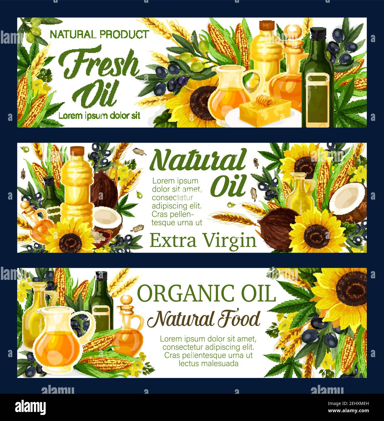 Natural oils, salads dressing and food cooking ingredient. Vector