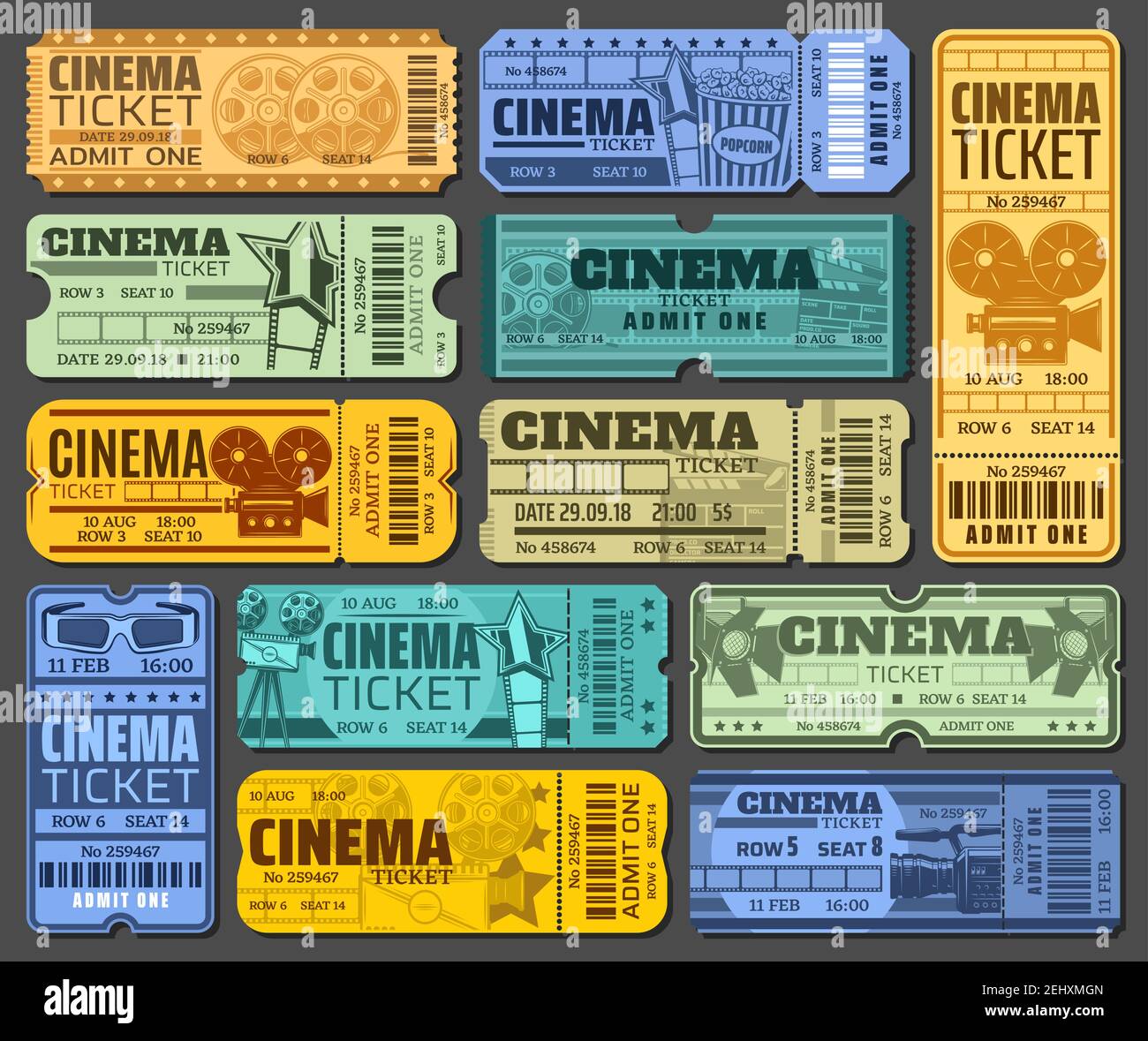 Tickets for cinema and movie show or seance. Paper admission with