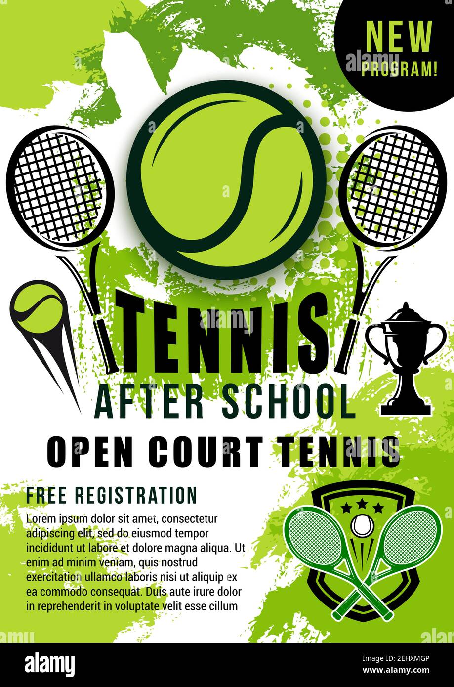 Tennis sport ball, rackets and winner trophy cup halftone poster. Open  court tennis school trainings announcement or sporting tournament promotion  vec Stock Vector Image & Art - Alamy