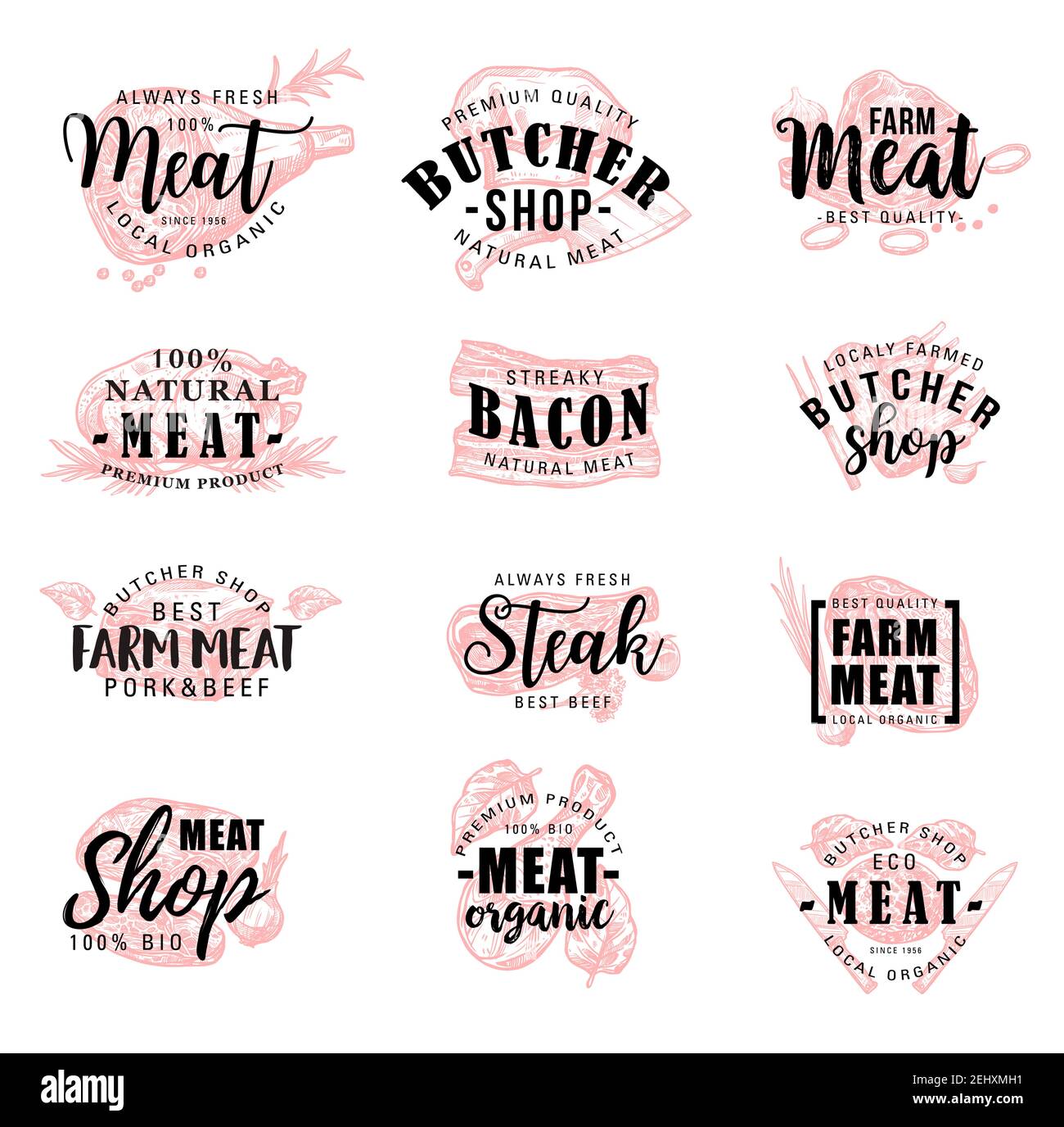 Butcher Lettering Meat products and butchery shop lettering. Vector sketch calligraphy of ...