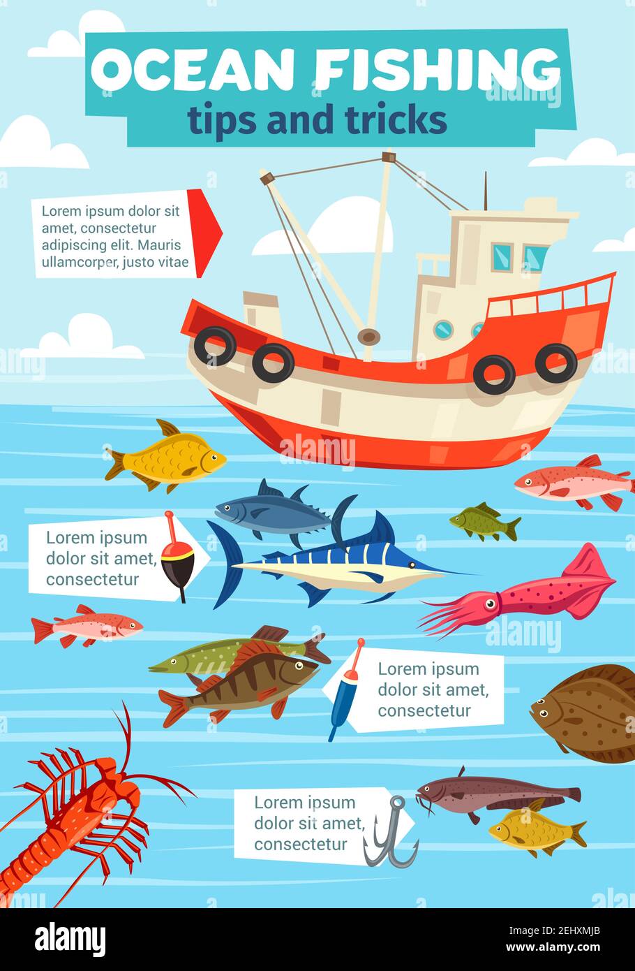 Fishery boat, ocean and sea fishing. Vector fisherman ship with net and big catch of marlin, flounder or carp and salmon fish with shrimp, squid and c Stock Vector