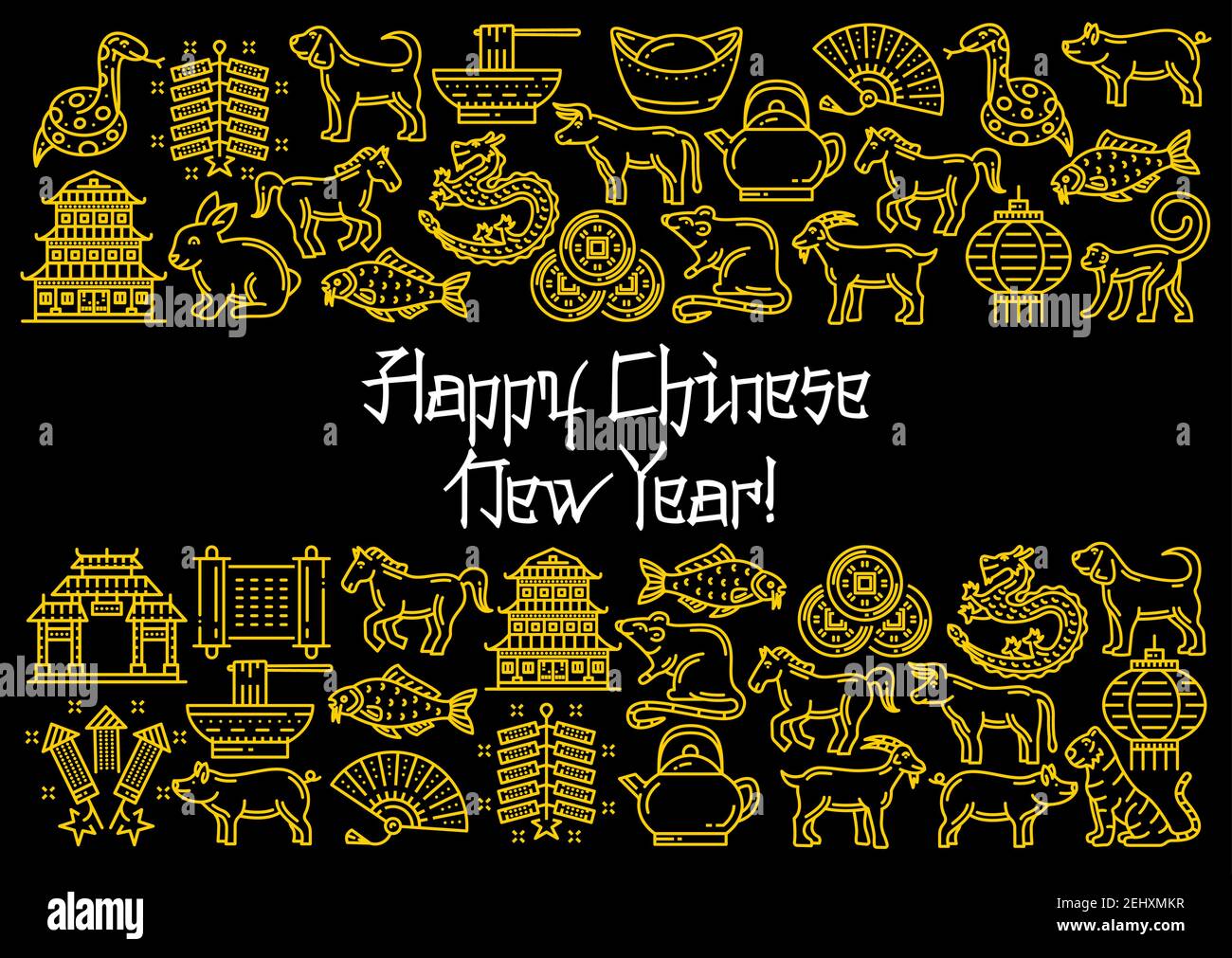 Happy Chinese Lunar New Year festive poster with linear icons. Zodiac animals and temple, golden sycee, noodle and lucky, teapot and fan. Fireworks an Stock Vector