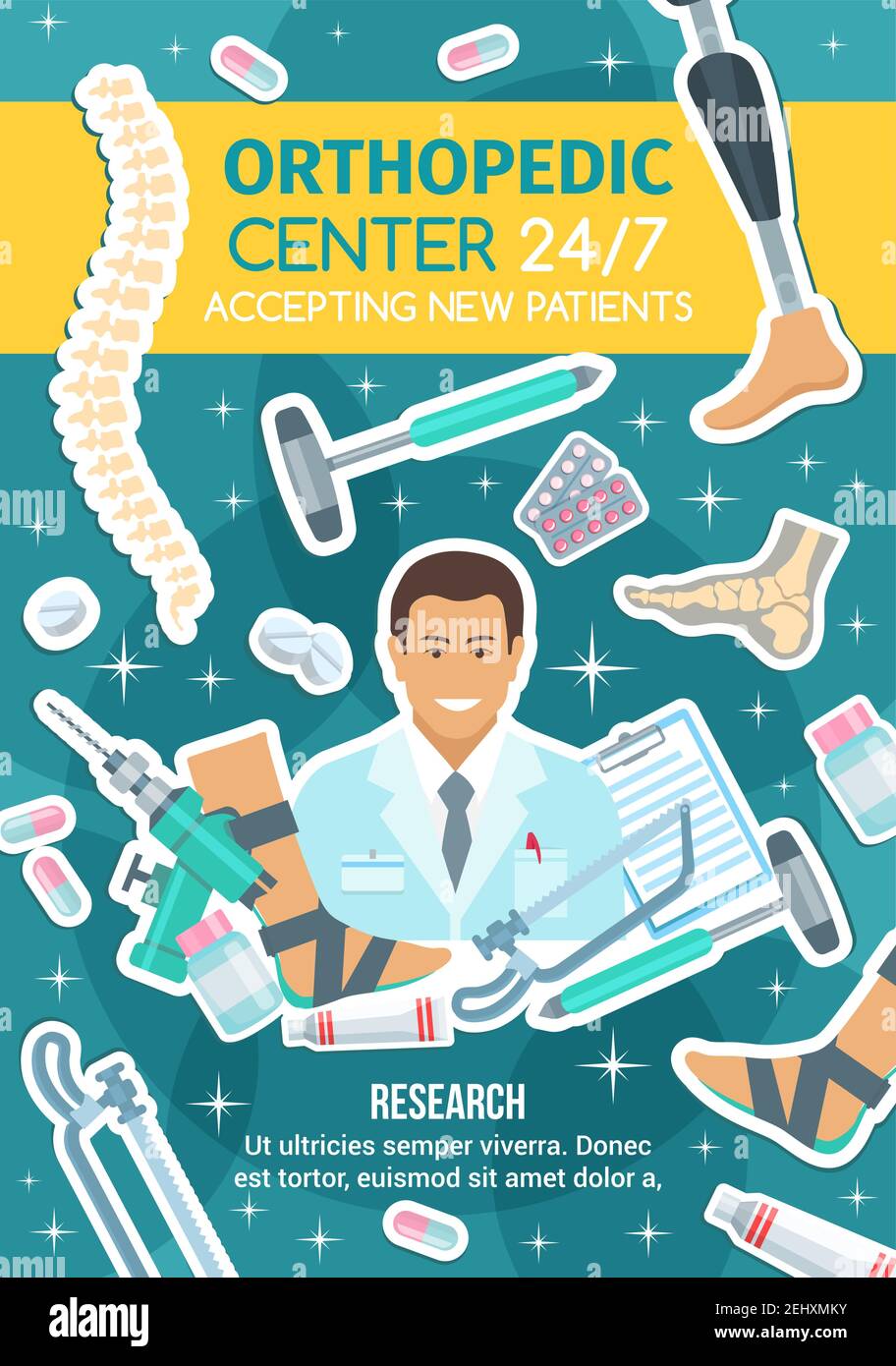 Medicine, joint treatment, orthopedic and physiotherapist doctor. Vector spine and prosthesis