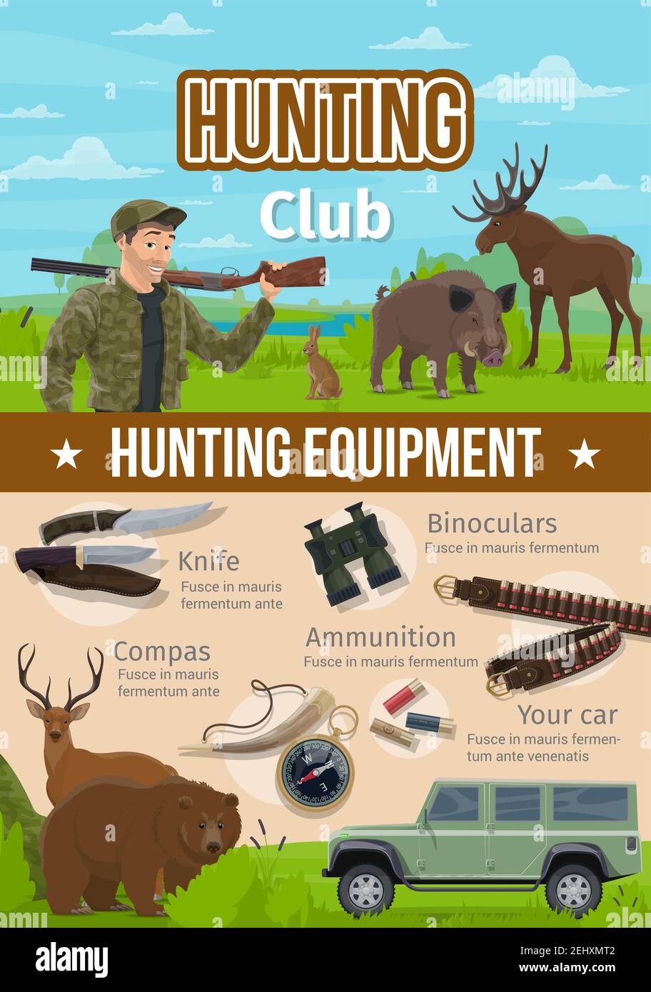 Hunter and wild animals, hunting sport equipment. Vector huntsman with