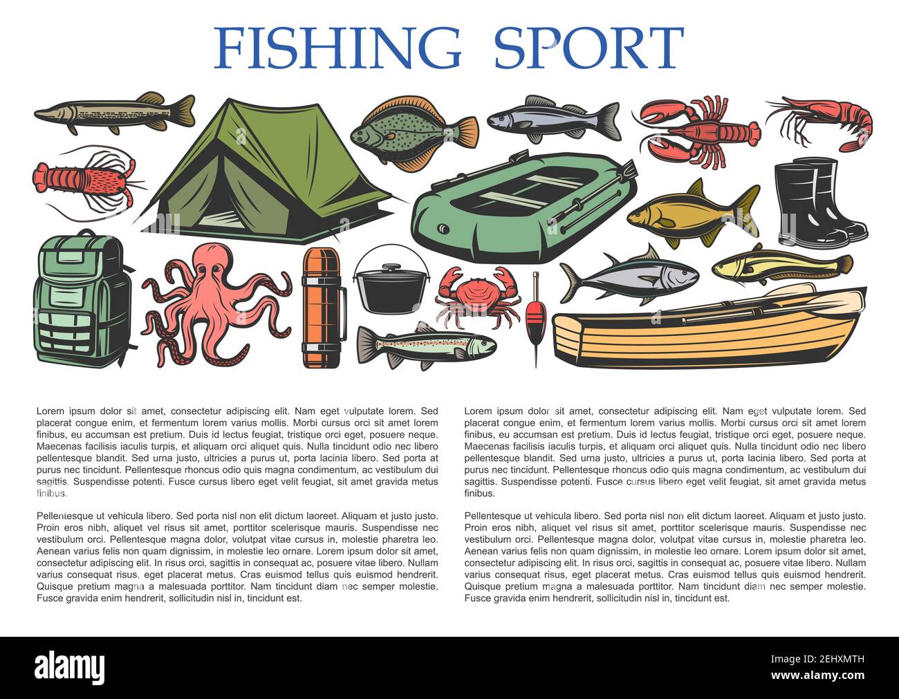 Fishing sport and fisherman tackles equipment with fish catch license. Vector fishing rod, rubber boat and camping tent or lures and hooks on octopus, Stock Vector