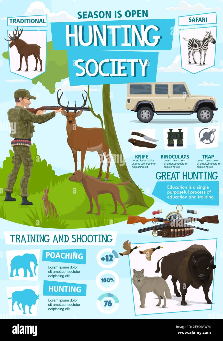 Hunting sport, hunt club open season and African safari adventure