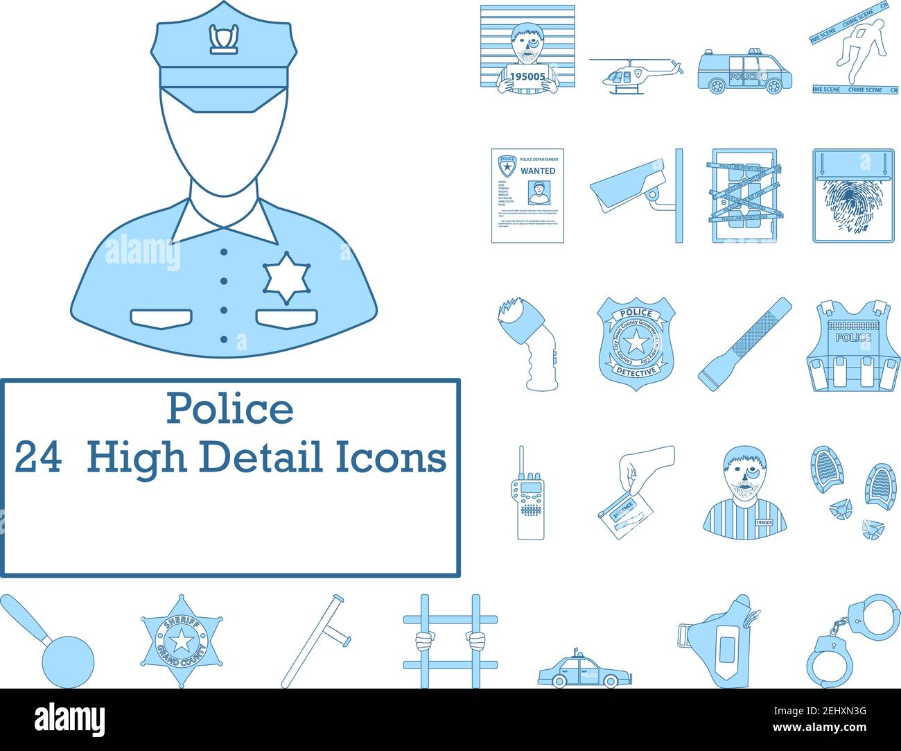 Police Icon Set. Thin Line With Blue Fill Design. Vector Illustration. Stock Vector