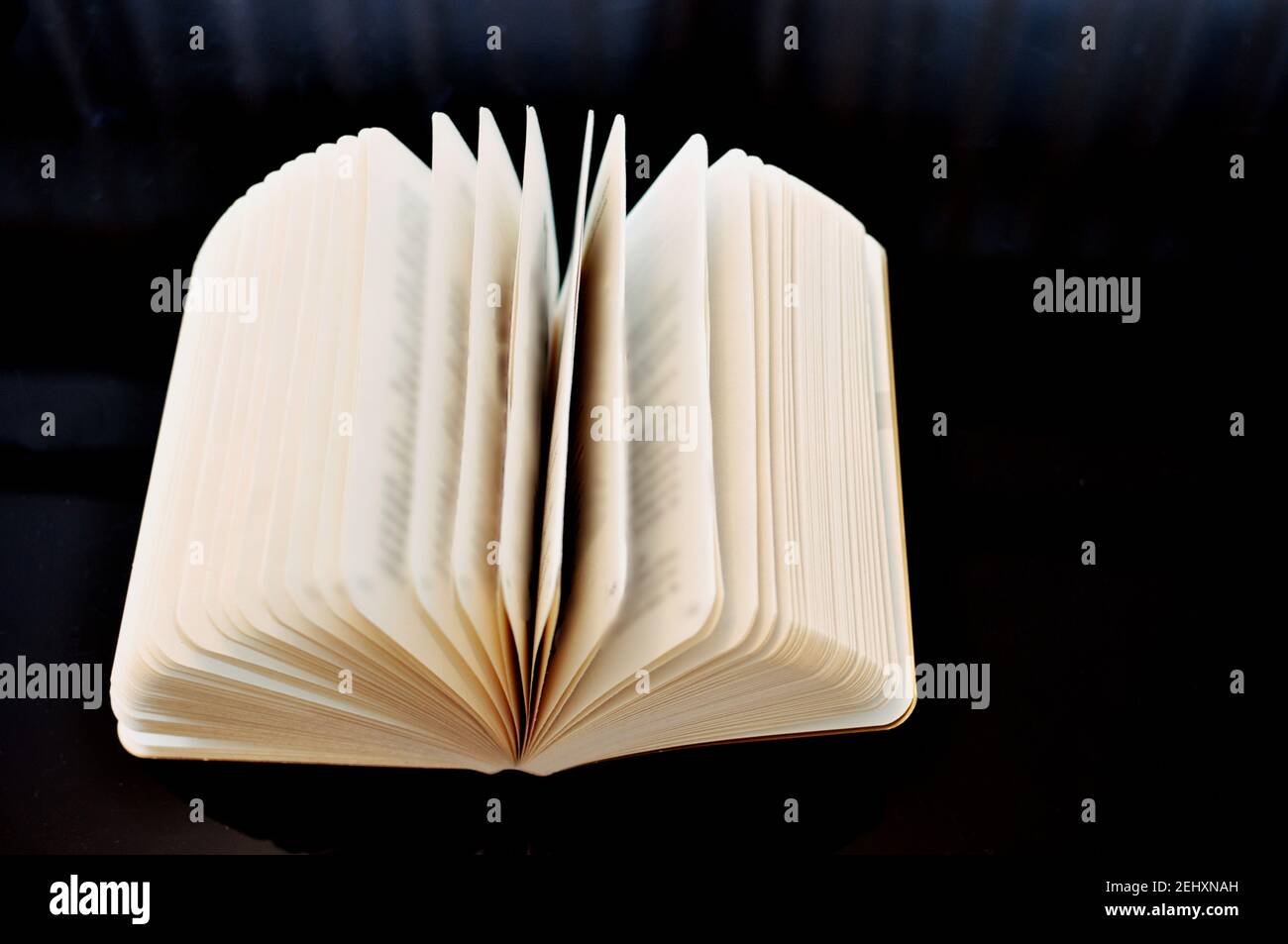 Open book on black background. Copy text Stock Photo