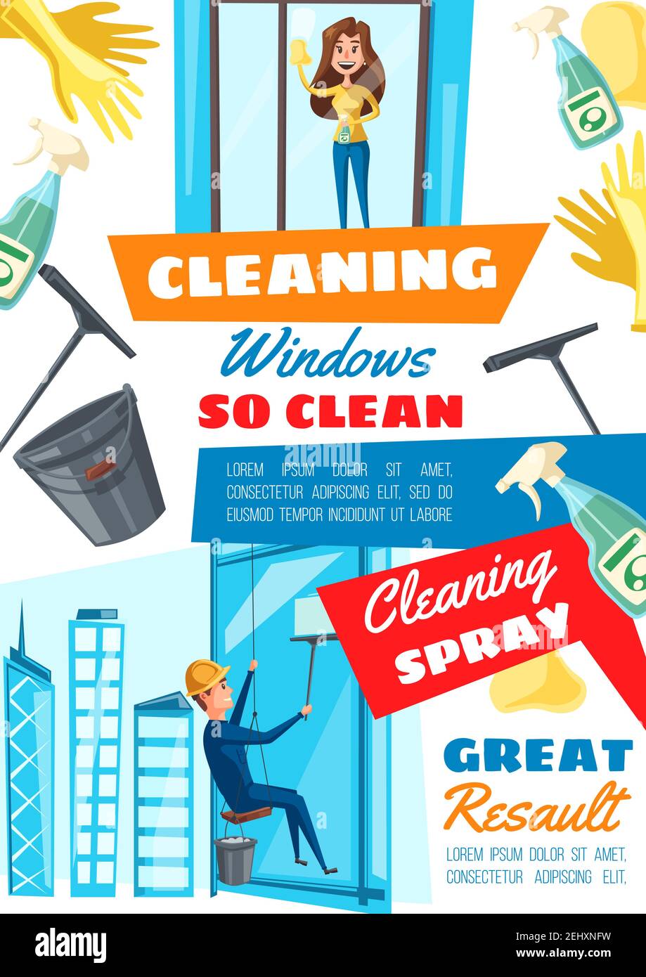 Window cleaning home and rope access service. Vector rope access technician clean building windows, housewife with sponge, glass cleanser and scraper Stock Vector