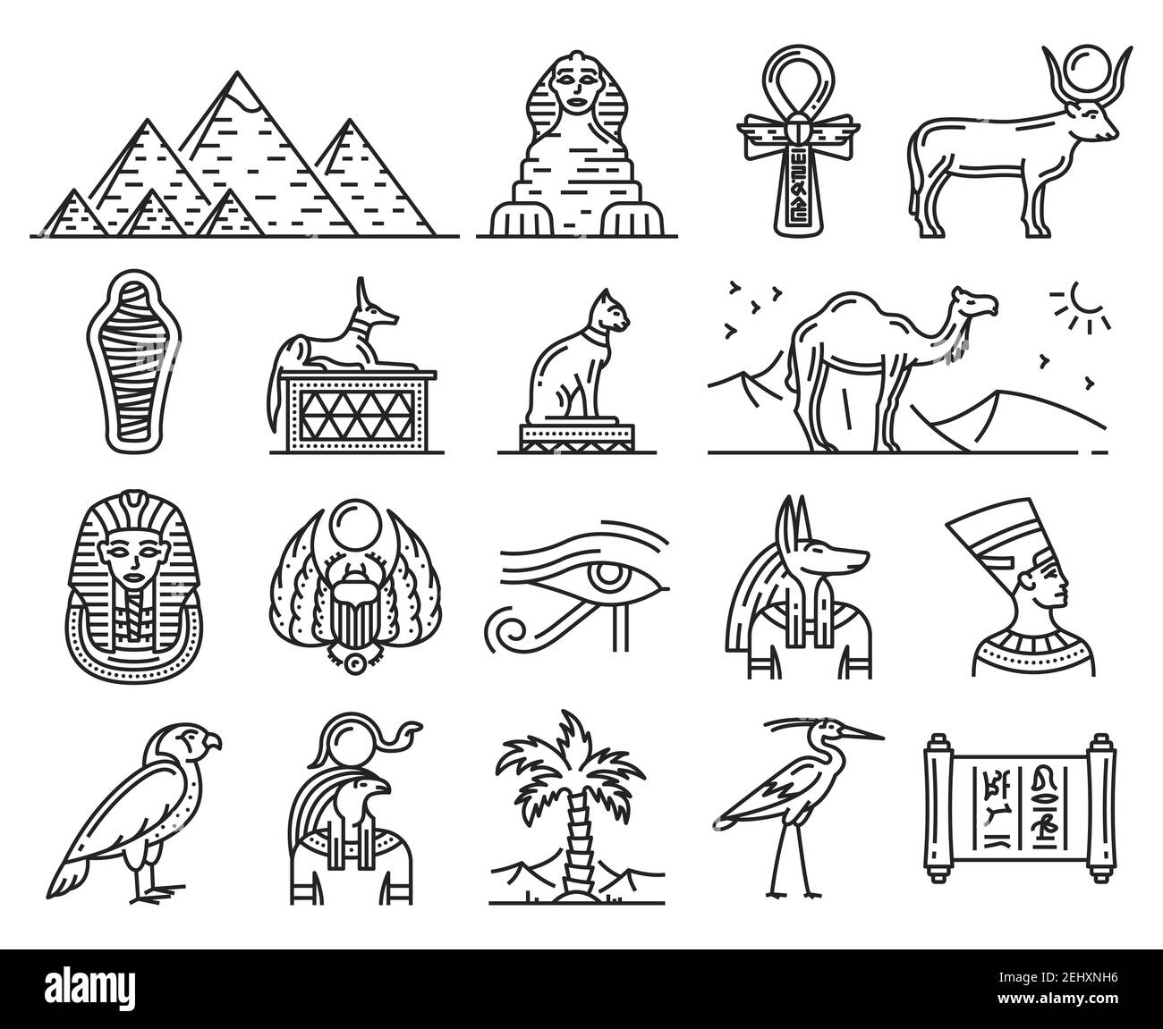 Egypt thin line icons of ancient gods and religion symbols. Sphinx, pharaoh pyramids and Anubis, Ankh, Horus eye and Tutankhamun mummy, cat, hieroglyp Stock Vector