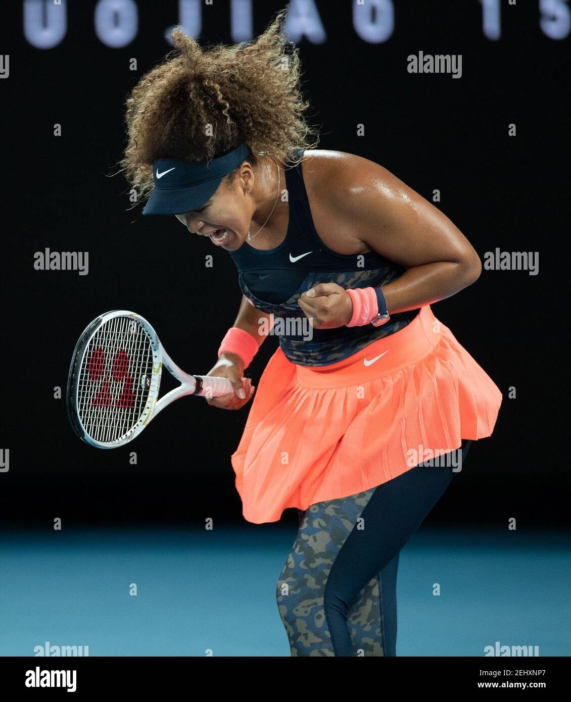 Melbourne, Australia. 20th Feb, 2021. Naomi of Japan celebrates during the women's singles final between Osaka Naomi of Japan and Jennifer Brady of the United States at Australian Open in Melbourne, Australia, Feb. 20, 2021. Credit: Hu Jingchen/Xinhua/Alamy Live News Stock Photo