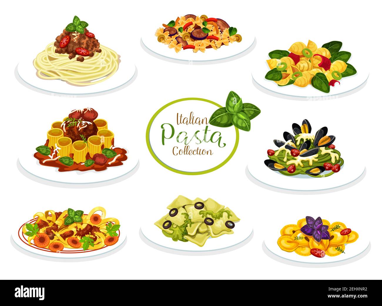 Pasta dishes of Italian cuisine. Vector spaghetti, macaroni and penne with meat tomato bolognese and cream cheese sauce, farfalle, ravioli and fusilli Stock Vector