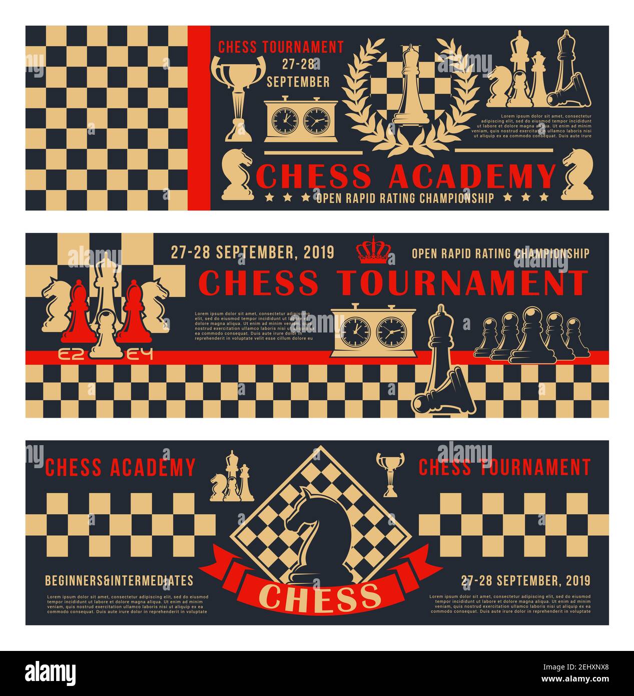 Chess academy or tournament and championship banners. Vector chess leisure games pieces horse, rook and king crown on chessboard strategy background w Stock Vector