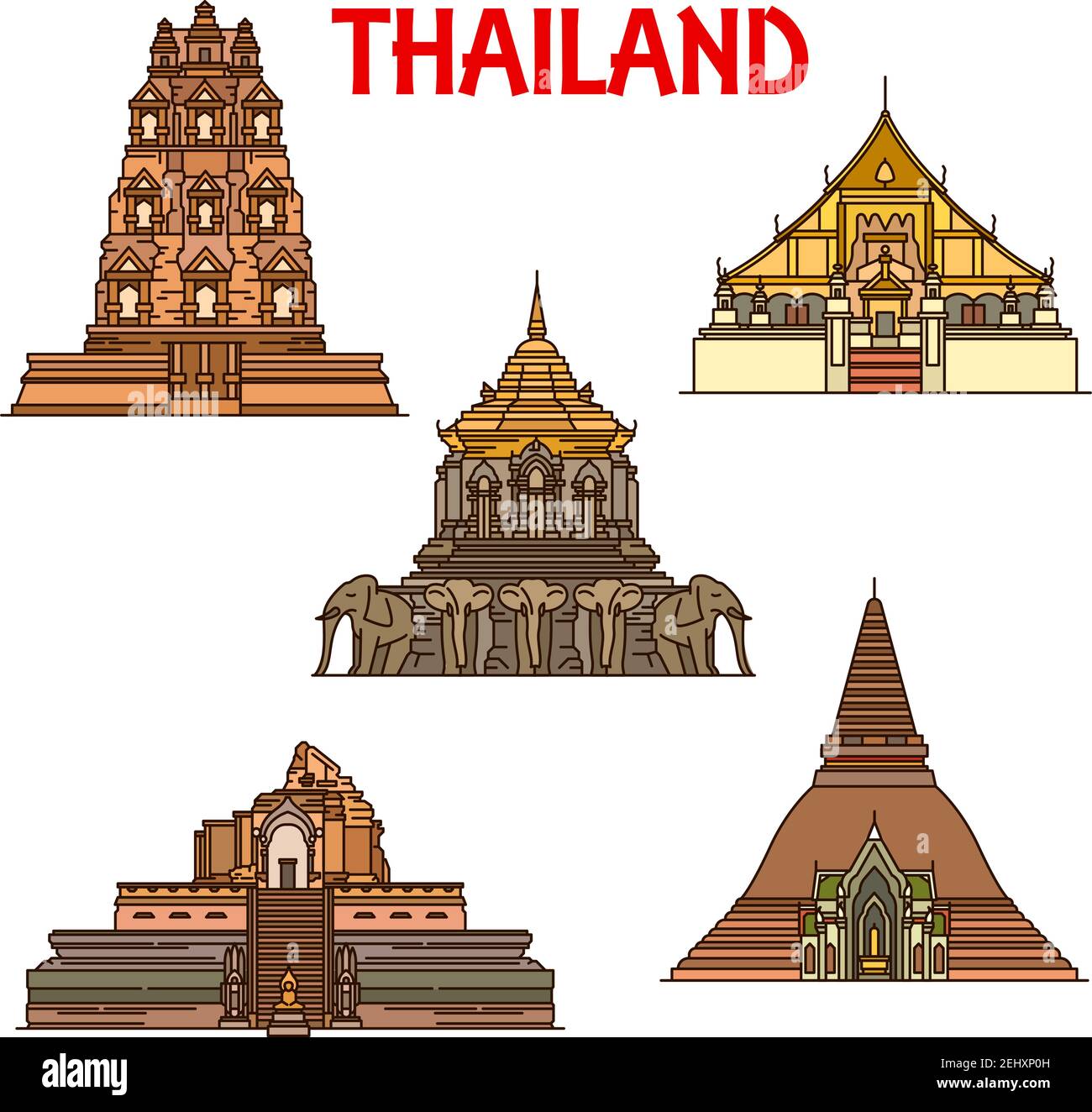 Thai travel landmark of ancient temples and stupas thin line icons. Vector Stupa Phra Pathom Chedi and Phra Mahathat, Buddhist temples of Chiang Man, Stock Vector