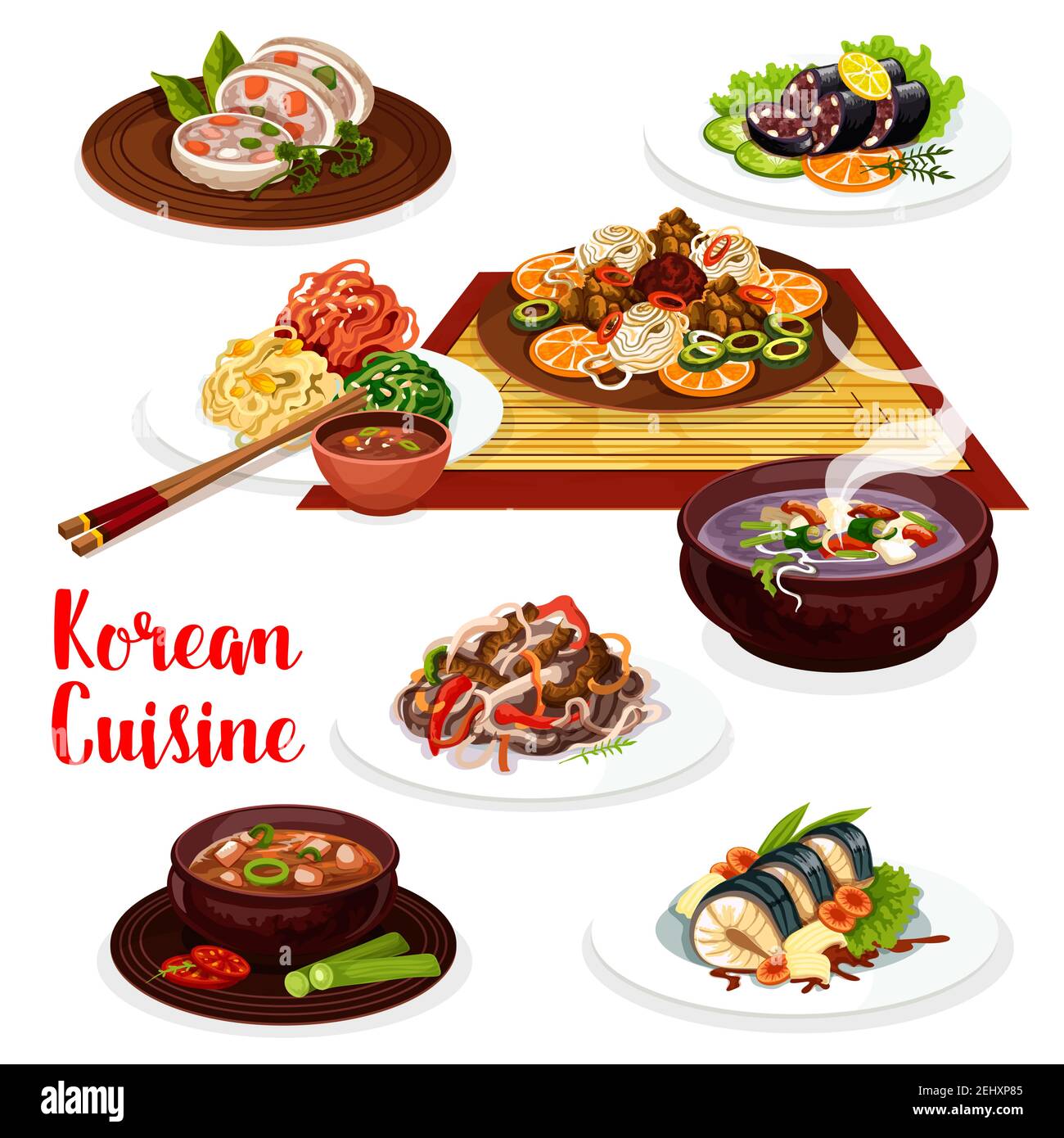 Korean cuisine kimchi, meat and fish dishes. Vector noodle bibimbap and chopsticks, grilled beef bulgogi and fried fish, tofu cheese and pork bean sou Stock Vector