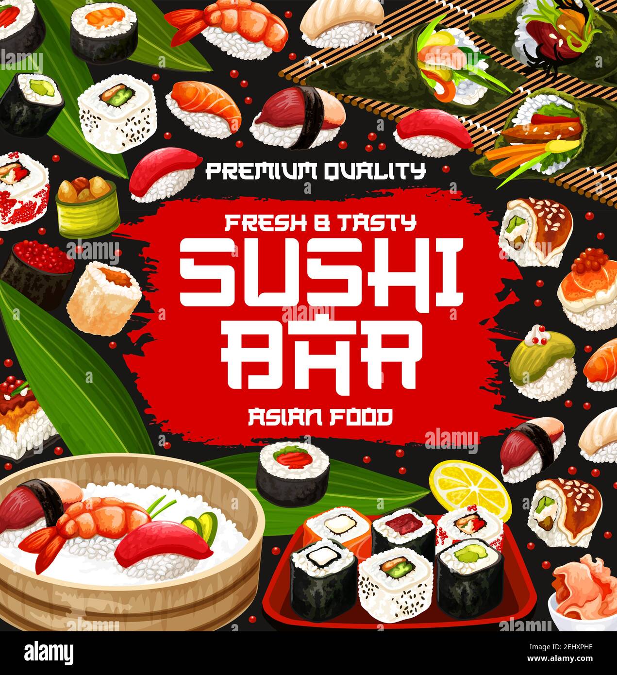 Sushi Bar And Japanese Cuisine Restaurant Menu Rice Salmon Fish And Seafood Nigiri California Philadelphia And Uramaki Sushi Rolls Temaki Hosoma Stock Vector Image Art Alamy