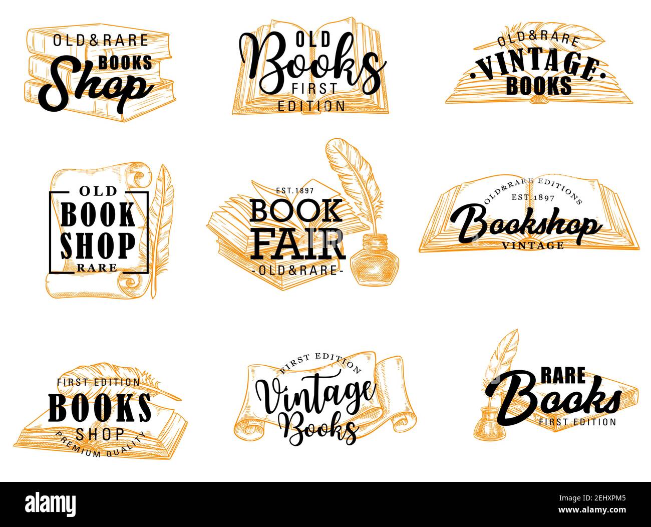 Manuscript and books, scroll and parchment silhouette icons with