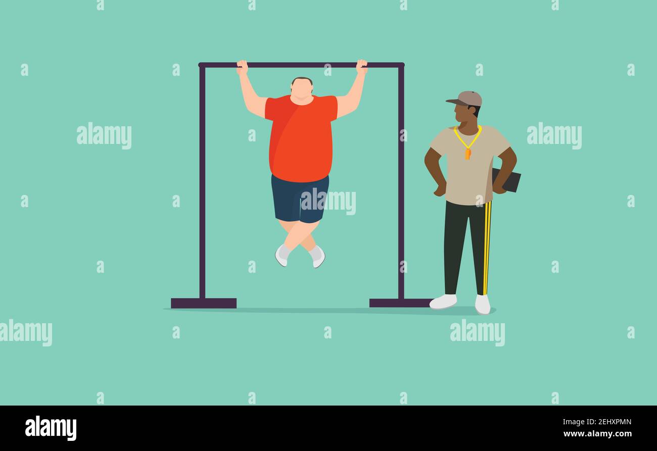 An obese man training under a coach Stock Vector