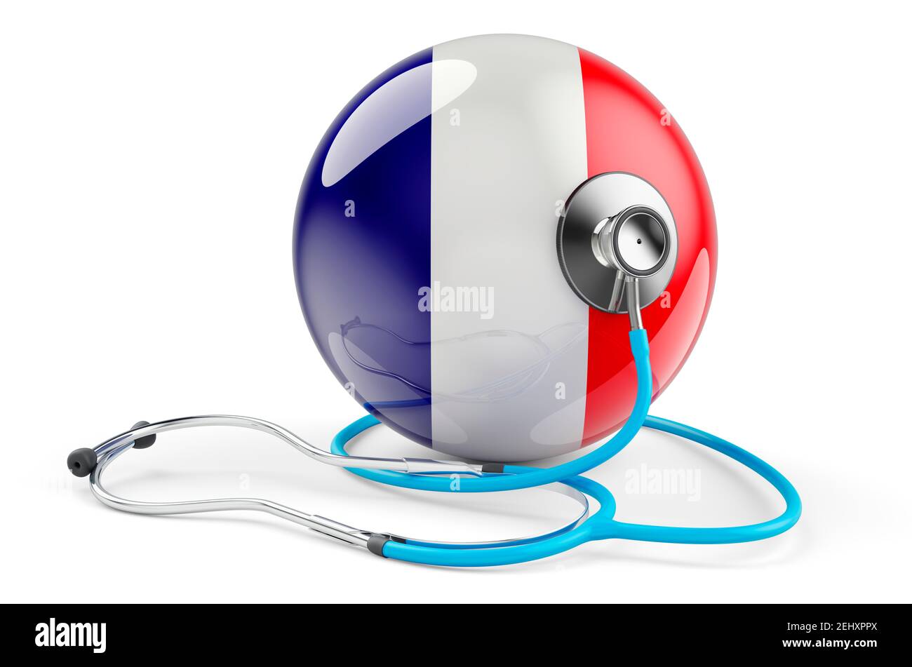 French flag with stethoscope. Health care in France concept, 3D rendering isolated on white