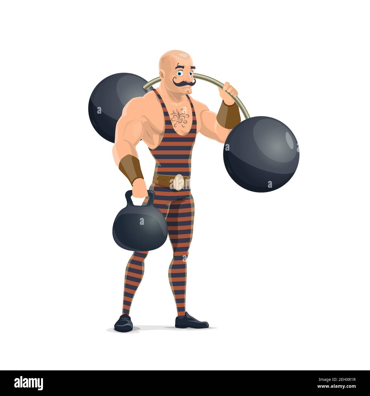 Interruption Dislocation Snazzy Circus muscle man with dumbbells in vintage striped costume. Retro big top circus  strong man performer with iron barbell ball balls in show performanc Stock  Vector Image & Art - Alamy