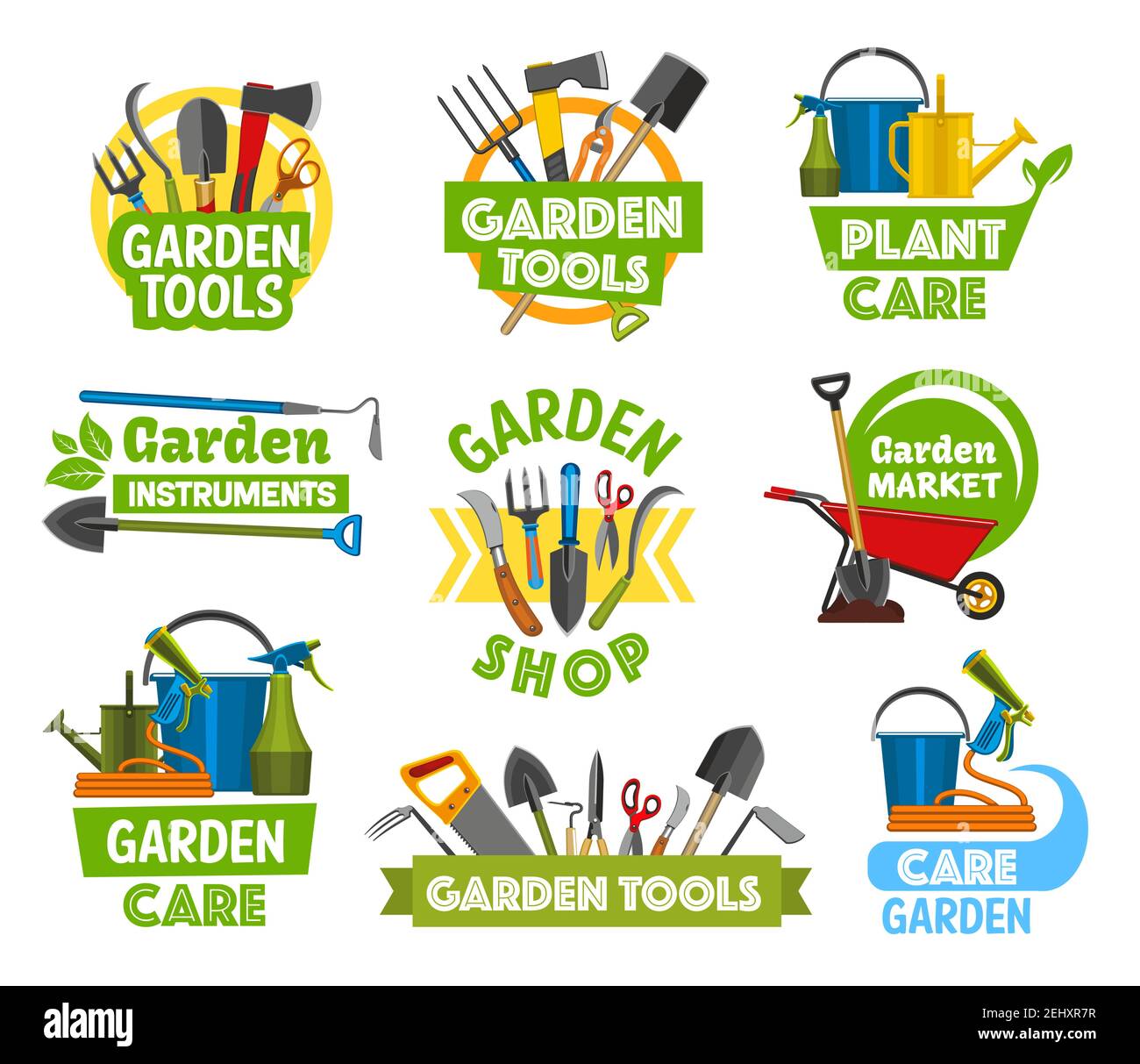Garden or farming tools and equipment icons. Vector forks and spit, shovel and axe, scissors and secateurs, spade and watering can, bucket and sprayer Stock Vector