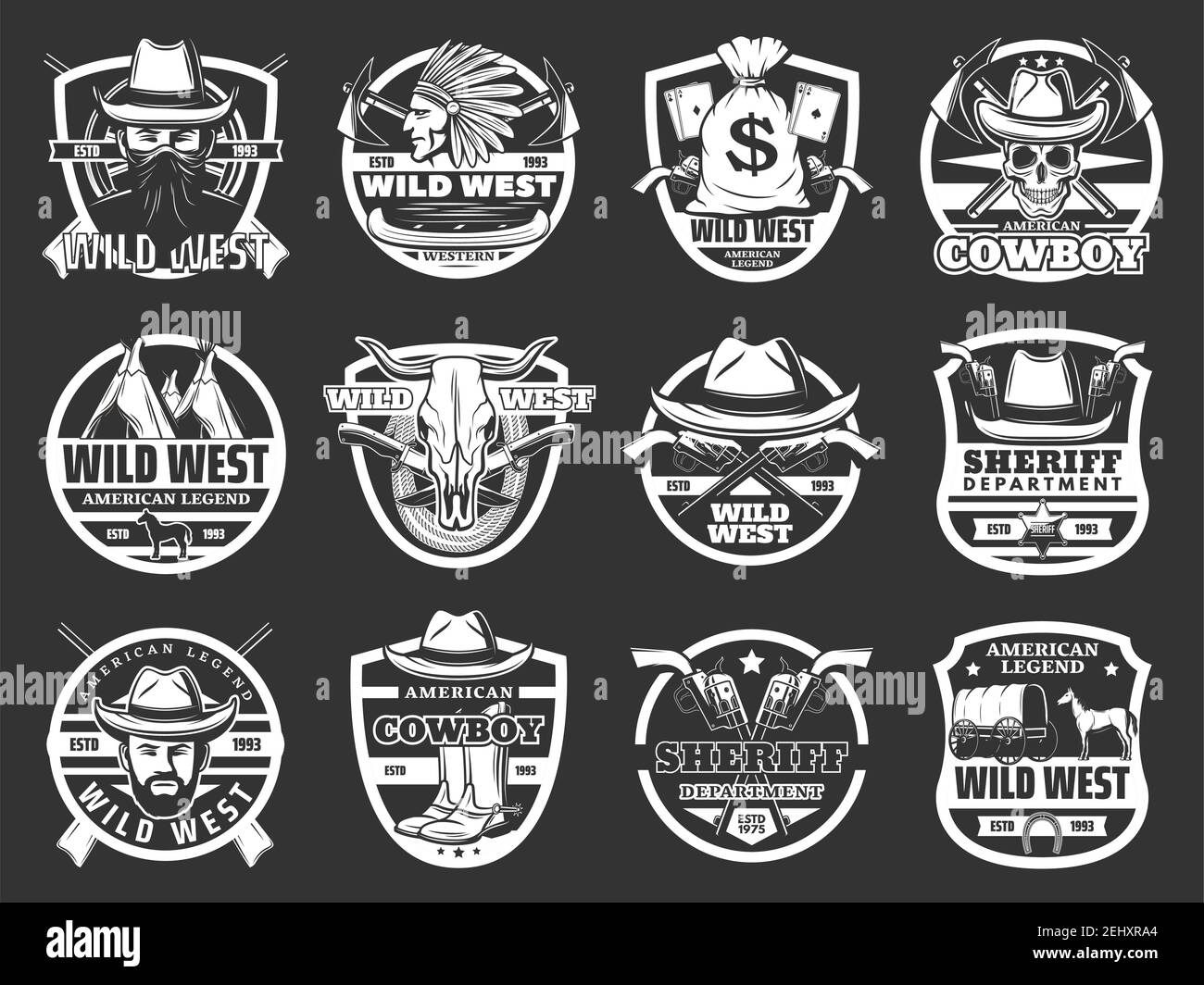 Wild West western isolated symbols. Vector cowboy in hat and gun, revolver and skull, bandit and Indian. Bull and native American, money bag and knive Stock Vector