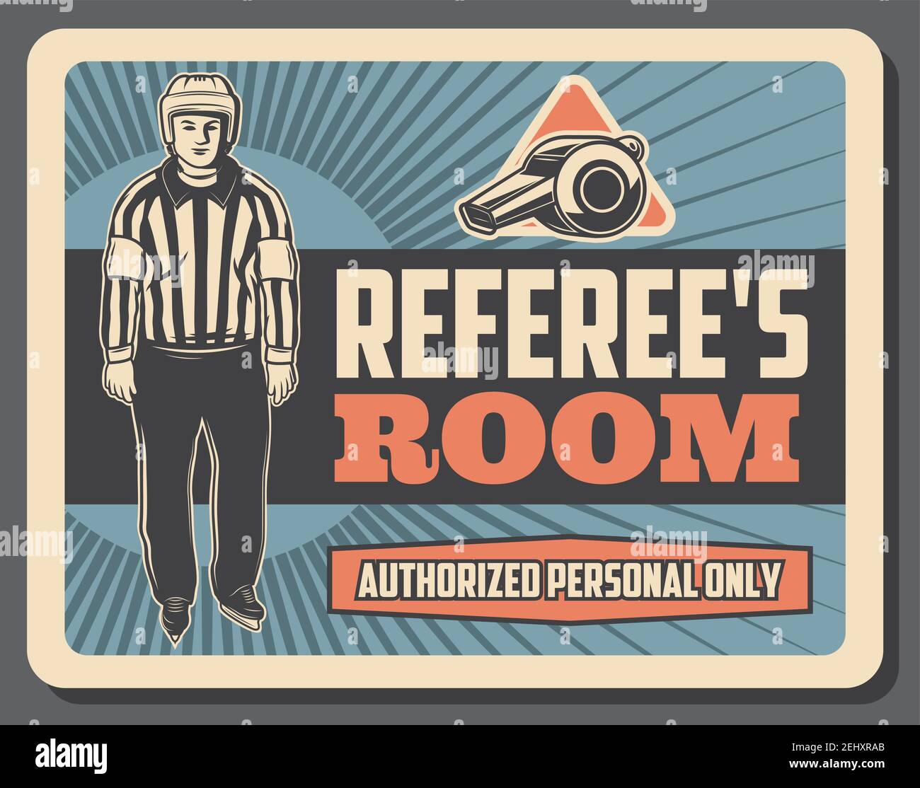 Referee room vintage card with man in striped uniform and helmet with ...