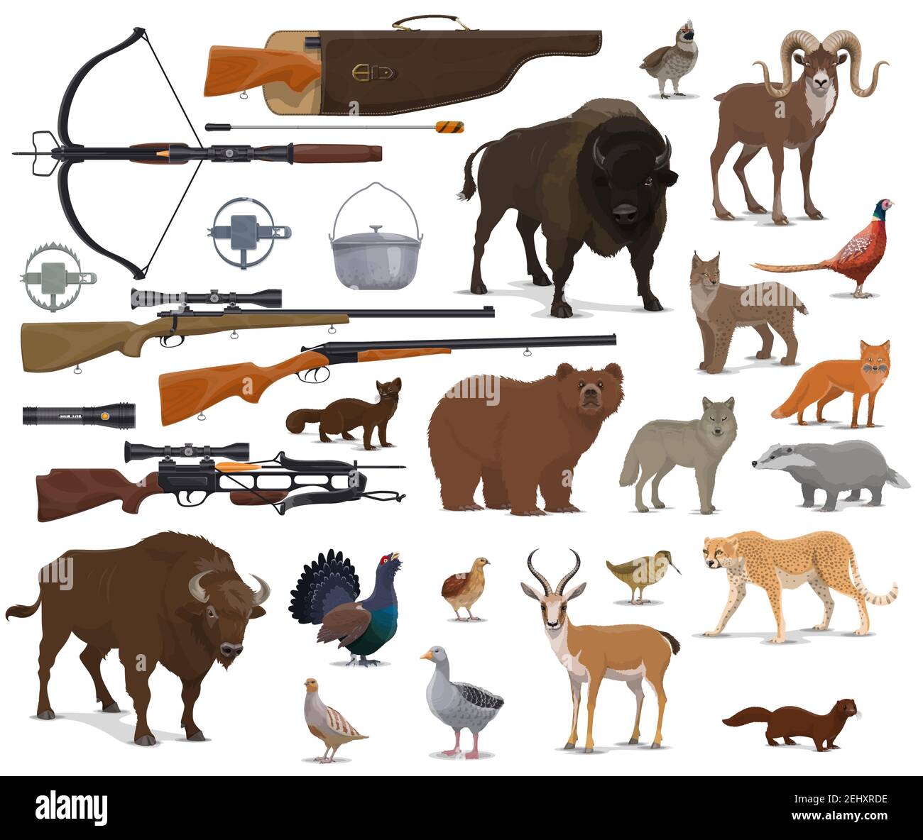 Hunt animals and hunter ammo equipment. Vector isolated hunting traps,  rifle carbine and crossbow, bear or buffalo and wild duck or grouse birds  with Stock Vector Image & Art - Alamy