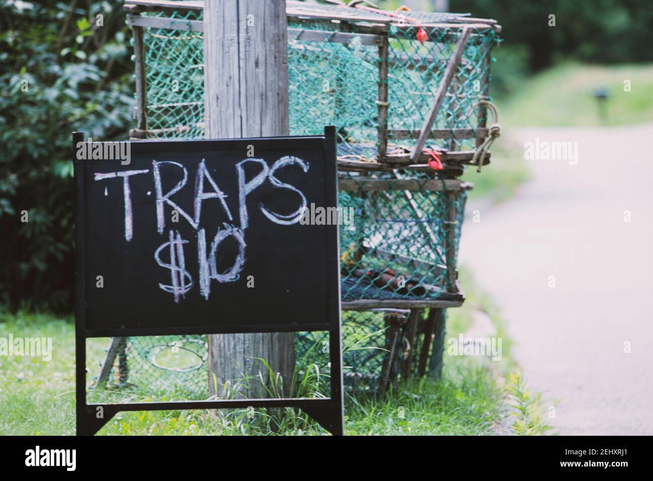 A sign advertising lobster traps for sale in Maine, USA. Stock Photo
