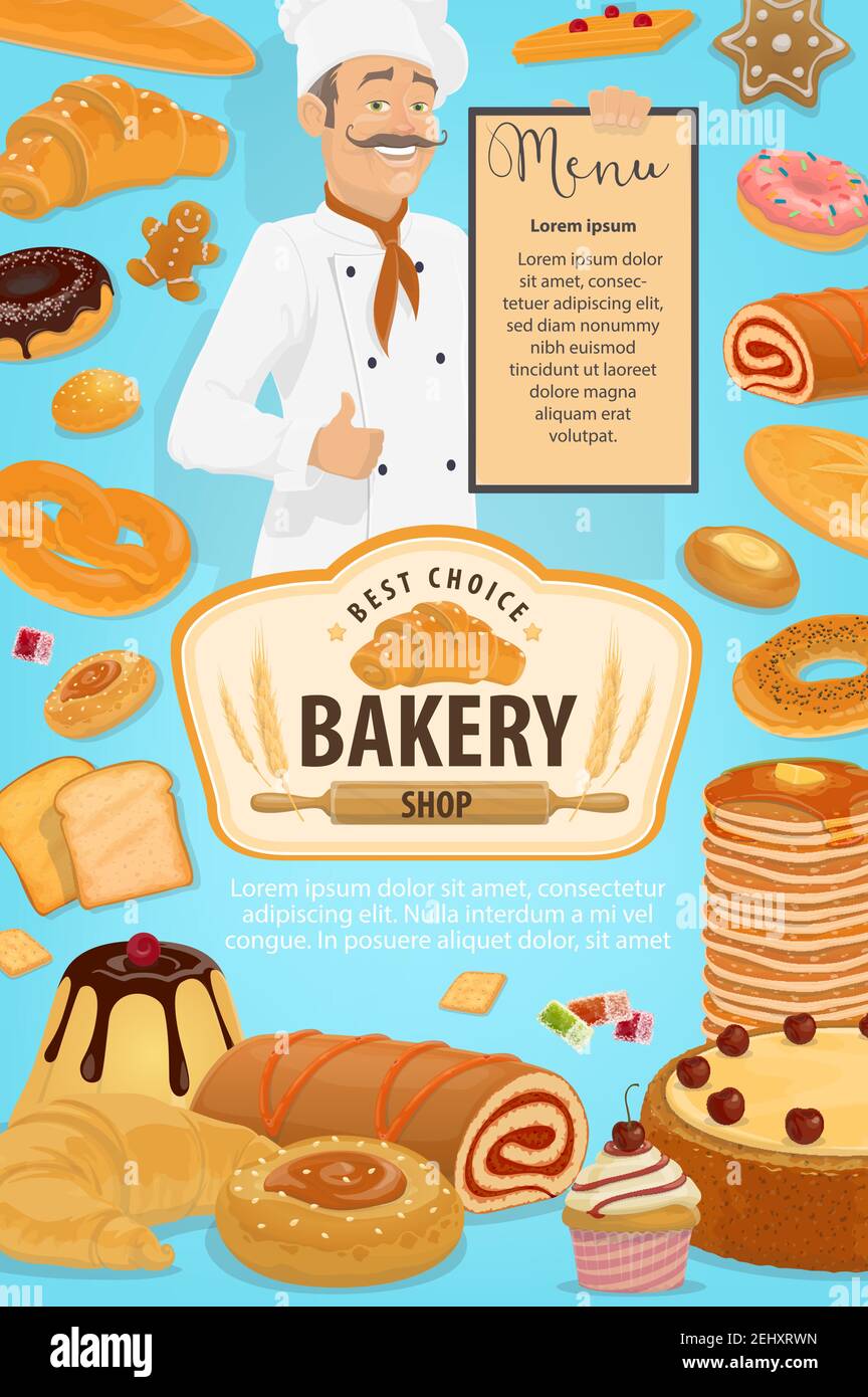 Bakery shop poster with baker holding menu of patisserie pastry desserts. Vector baked bread, sweet cakes and fruit cookies with donut, chocolate croi Stock Vector