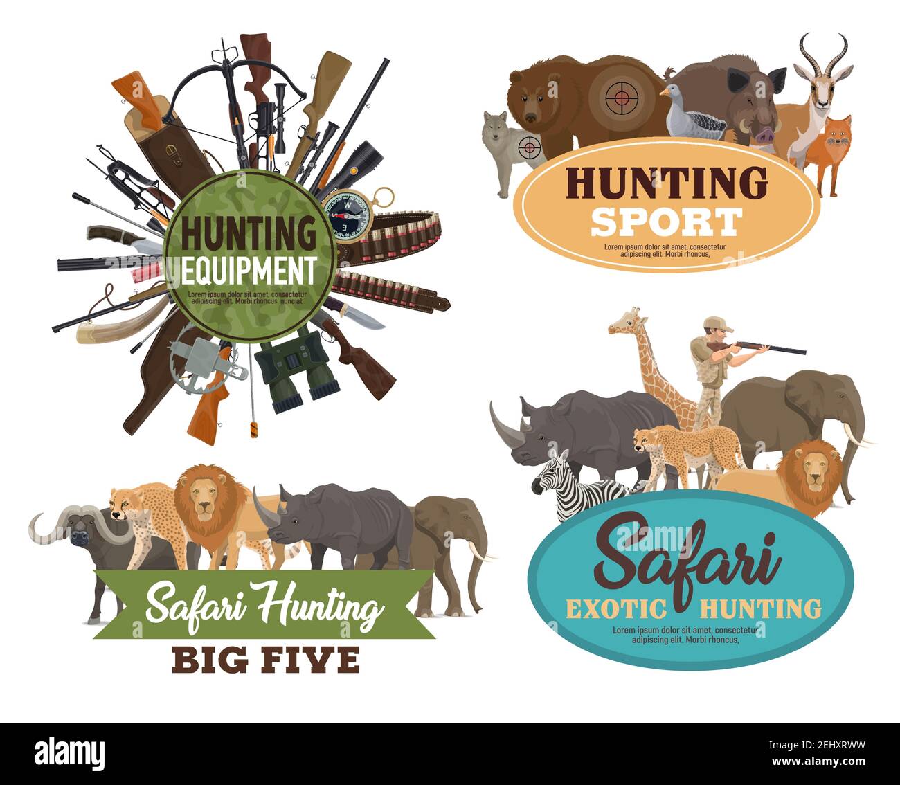 Hunting sport vector badges with animals, hunter guns and equipments
