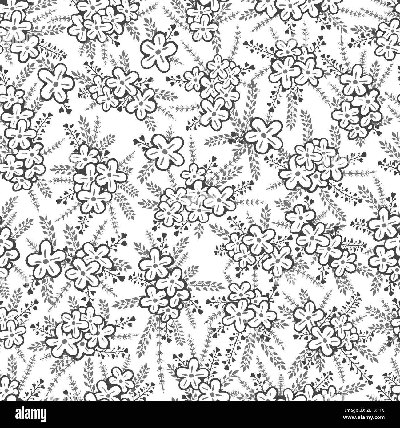 Vector seamless pattern with hand drawn flowers. Floral monochrome ...