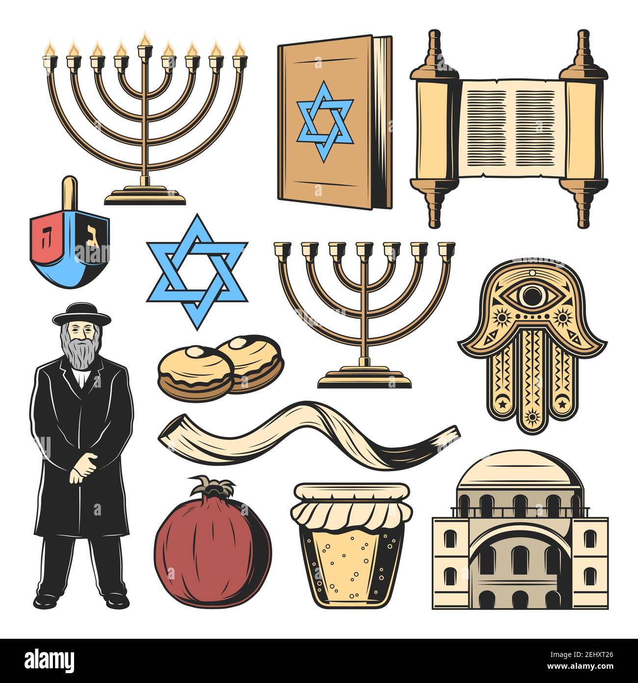 Jewish symbols and Judaism religion and culture items. Vector Hanukkah menorah Hanukiyot lampstand, David Star and Torah scroll, Jew rabbi priest with Stock Vector