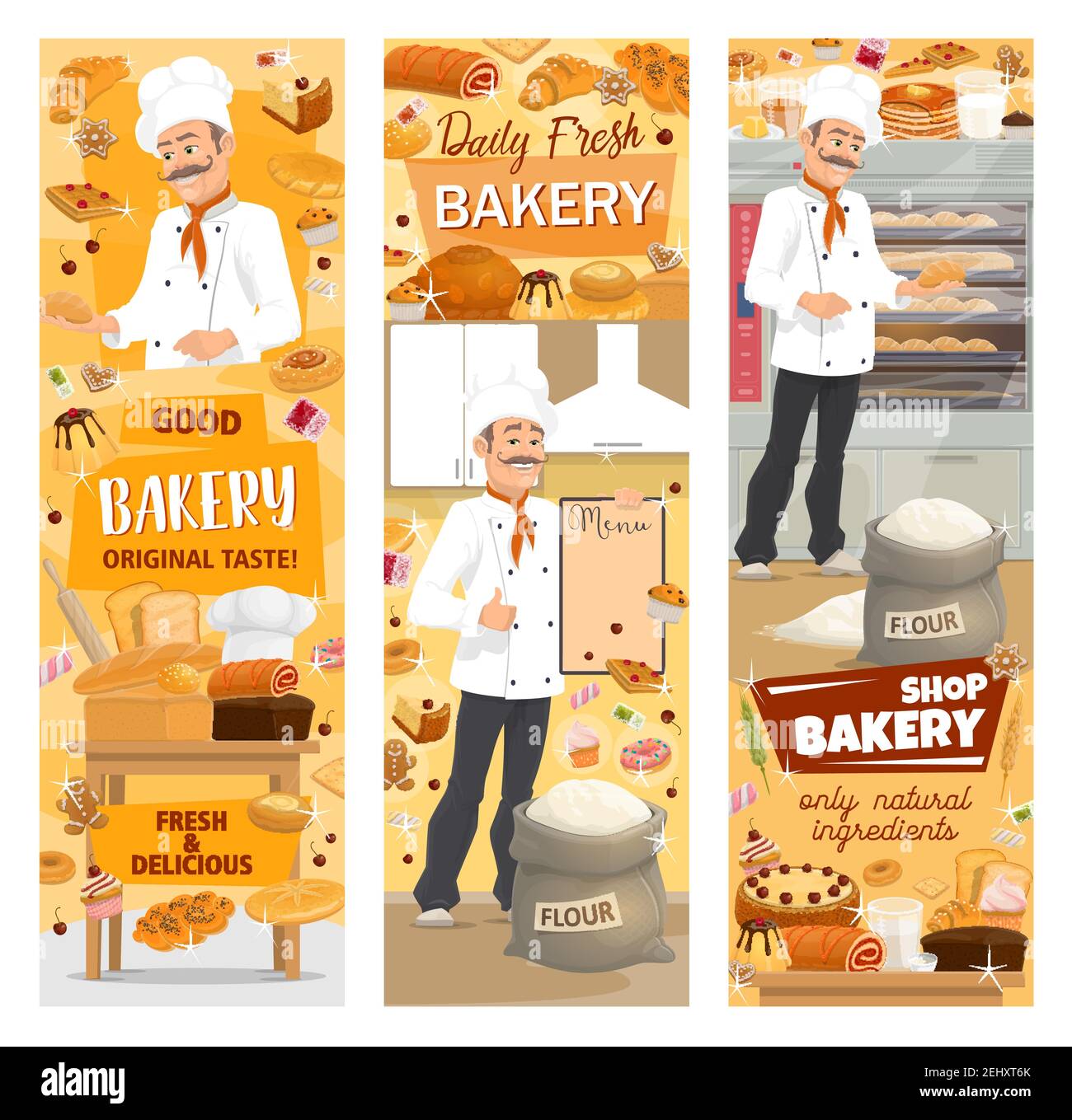 Baker baking bread or pastry food, bakery shop showcase. Vector bread ...