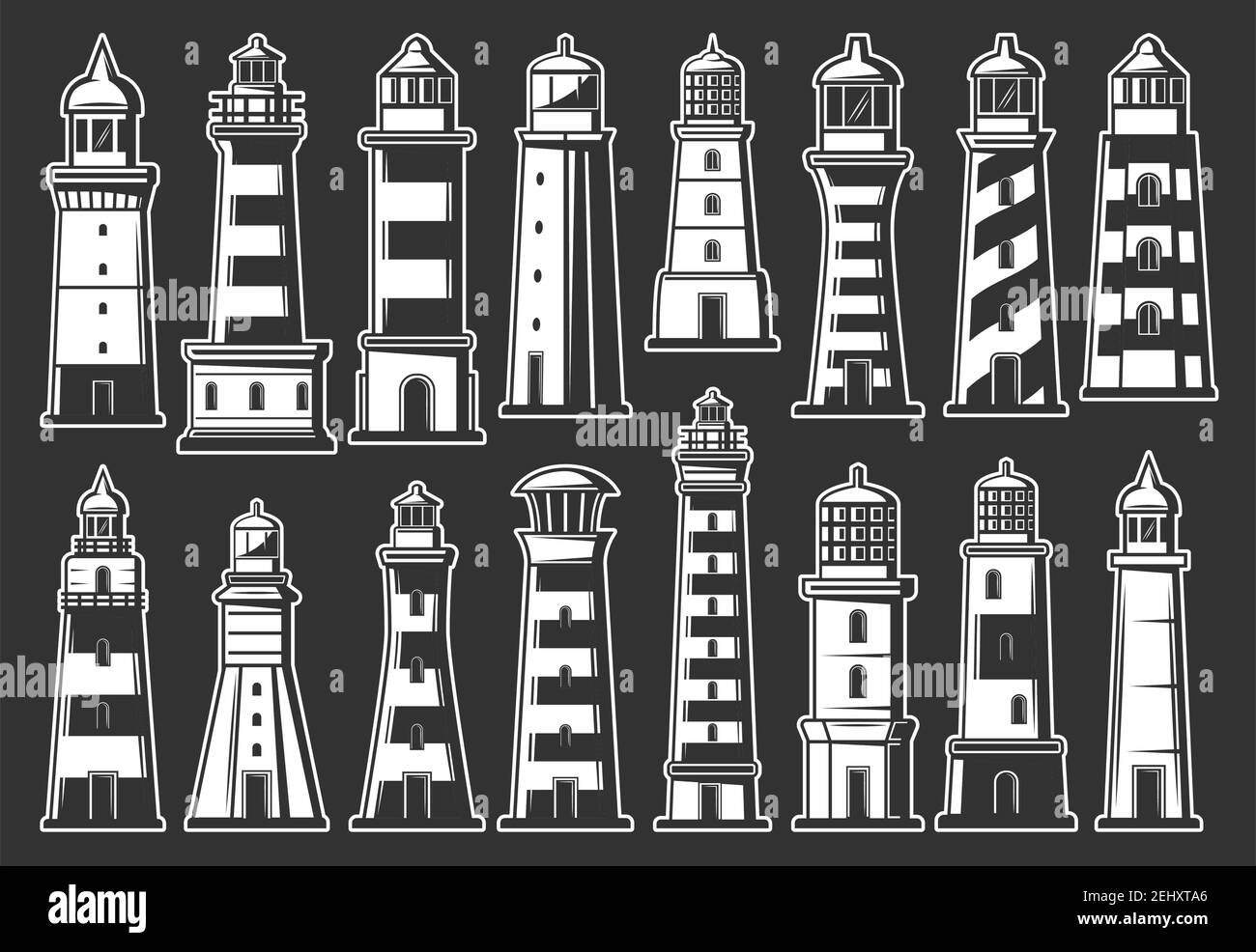 Marine lighthouse and beacon monochrome icons. Navigation in sea, safety on water, navigational construction on shore or coast. Nautical building towe Stock Vector