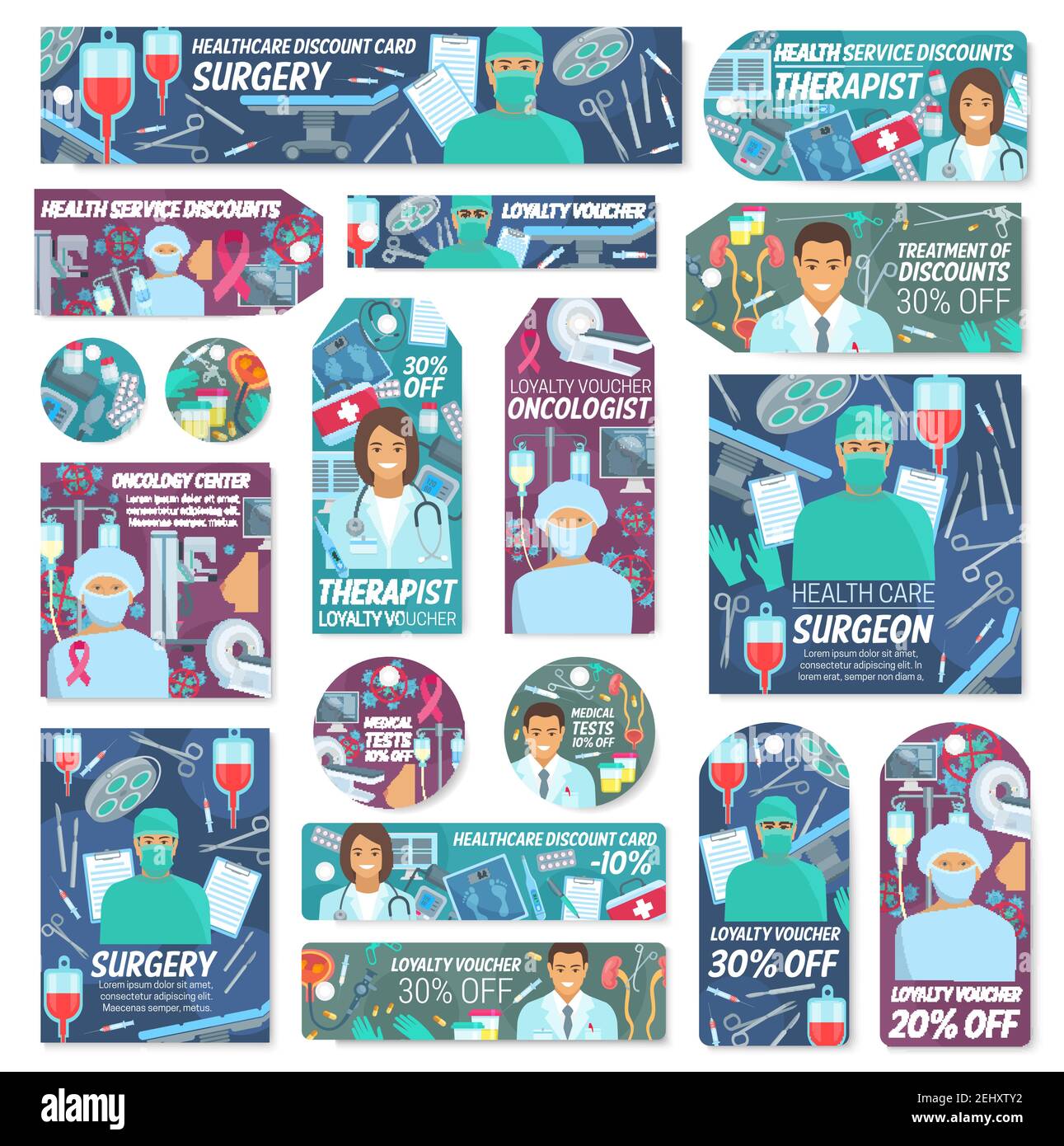 Doctors medical vouchers, healthcare service. Vector surgeon and