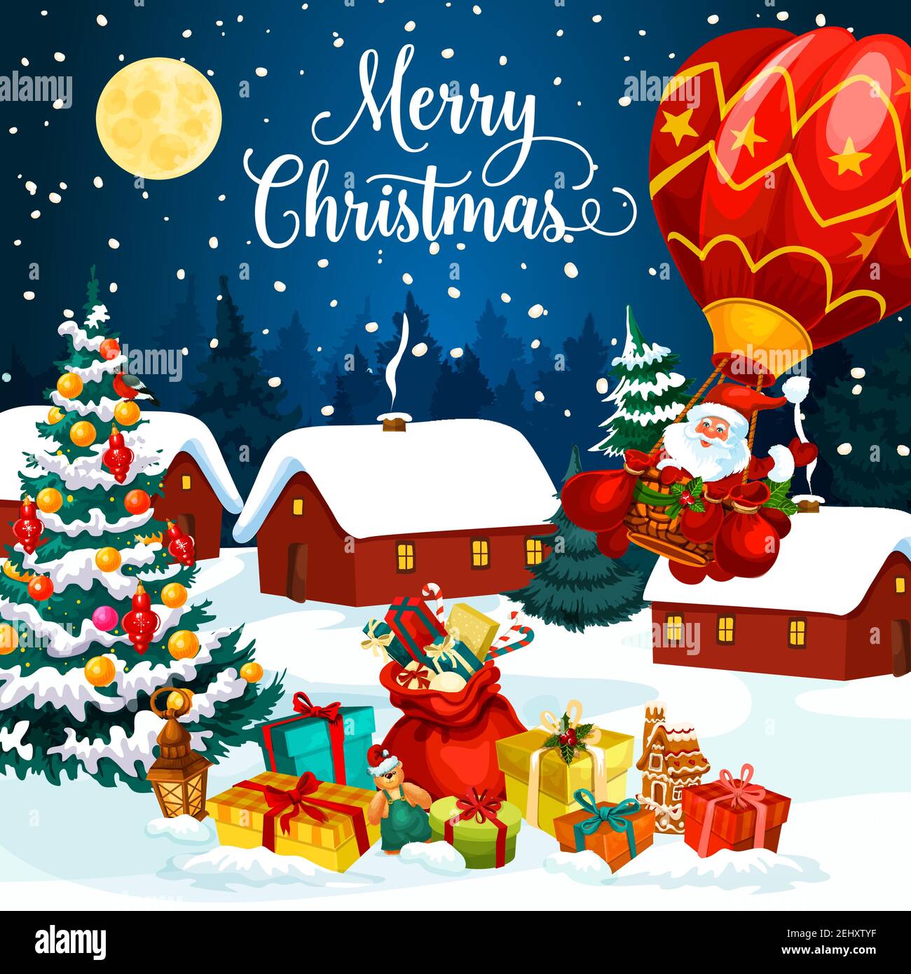 Merry Christmas greeting card of town houses covered with snow and Santa with gifts on hot air balloon. Vector New Year winter holiday design of Xmas Stock Vector