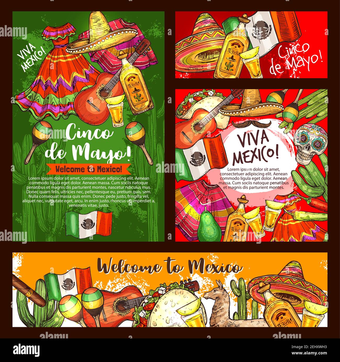Mexican Cinco de Mayo fiesta party sombrero, tequila margarita and guitar, chili, cactus and Mexico flag, taco, skull and maracas. Latin American fest Stock Vector Image & Art Alamy