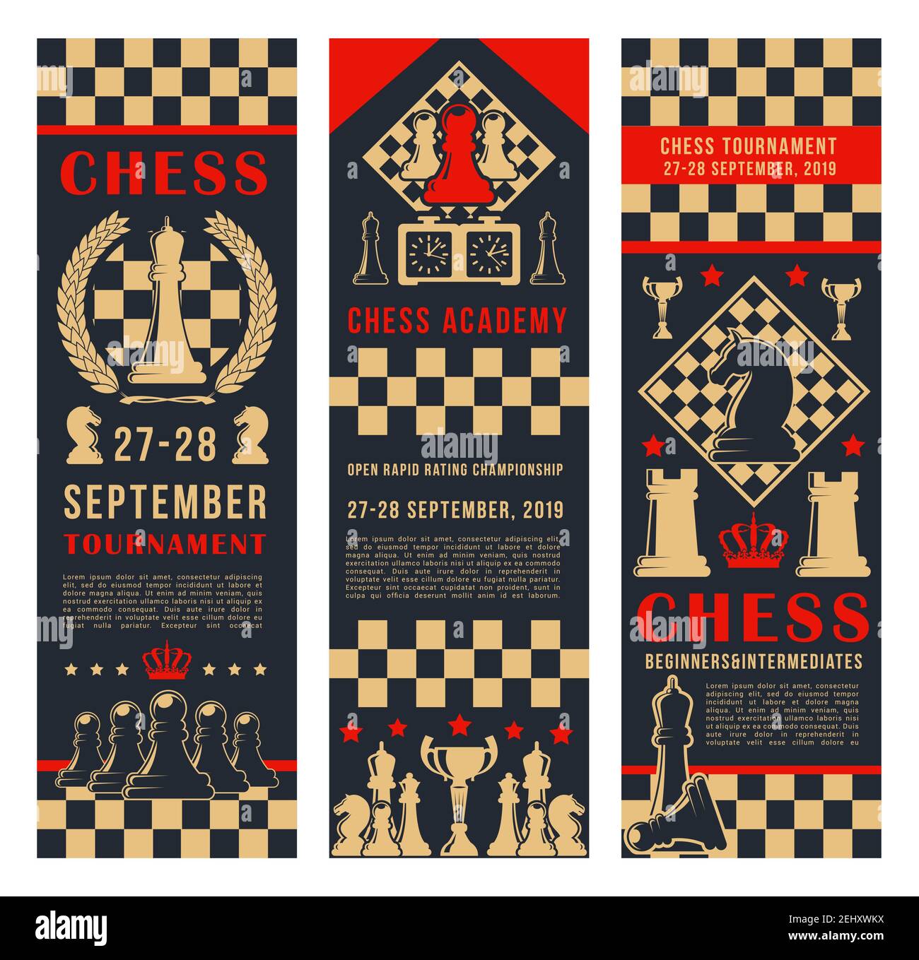 Chess club vector banners of chessboard and chessmen game pieces. King and queen, rook or pawn and knight bishop. Intellectual sport championship or t Stock Vector