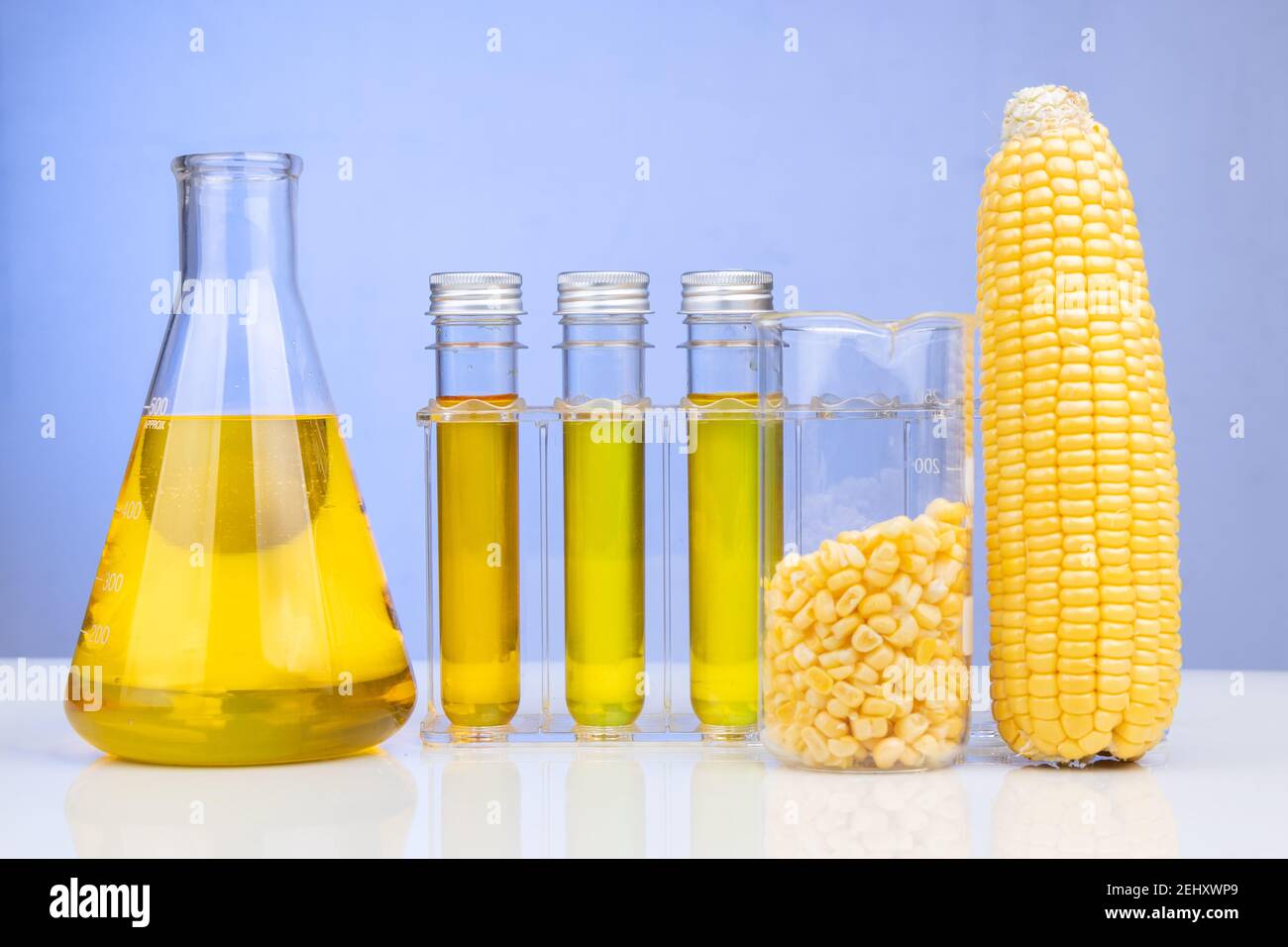 Ethanol biofuel derived from corn maze with beaker test tubes in