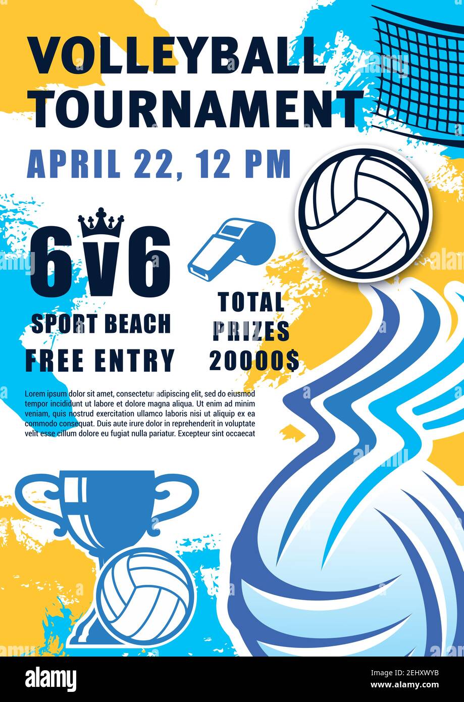 Volleyball sport game, ball and whistle, net and trophy cup. Vector