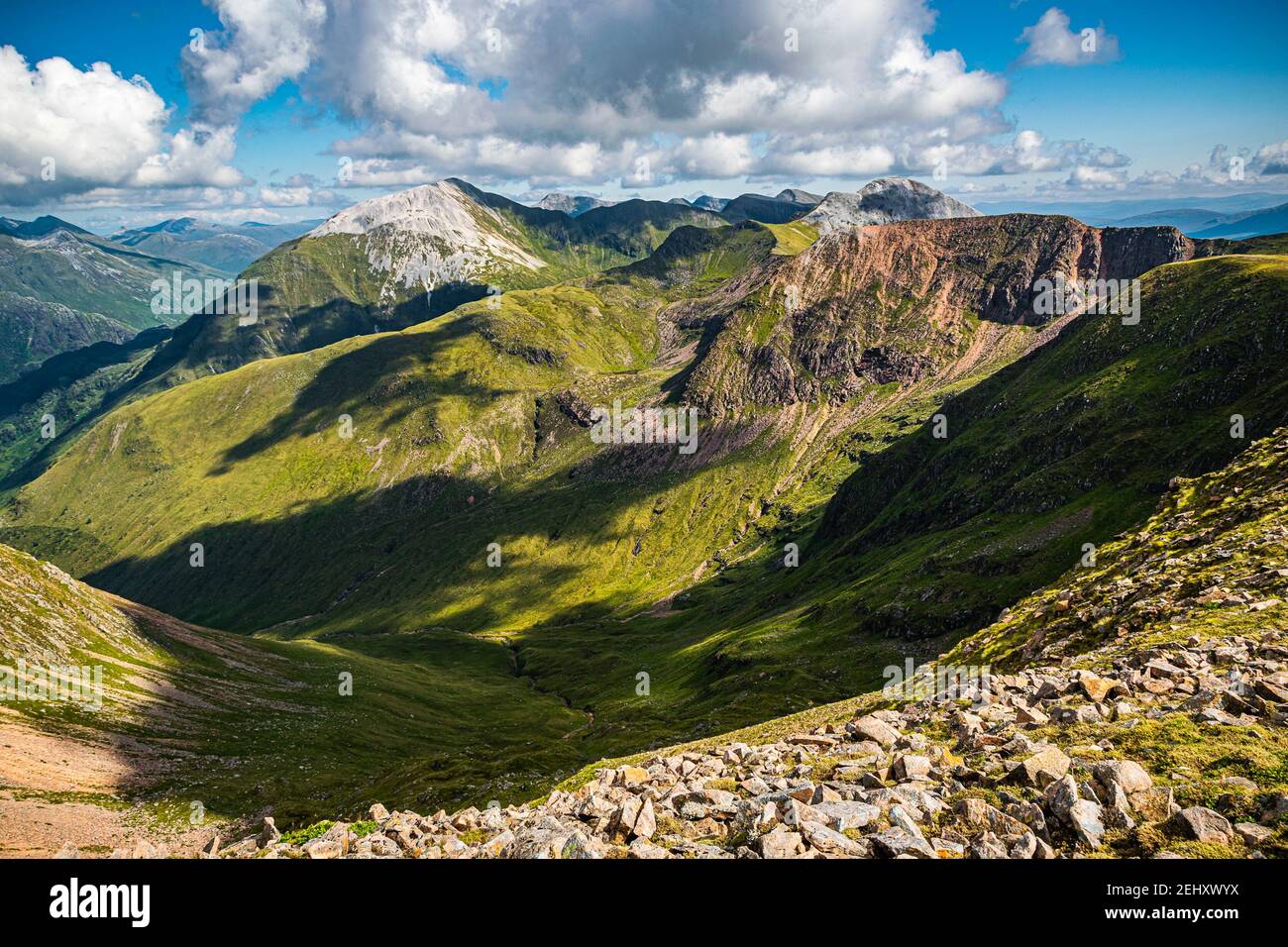 Beautiful Scottish Highlands landscape. View of the Mamores ridge in Scottish Highlands on a sunny summer day. Stock Photo